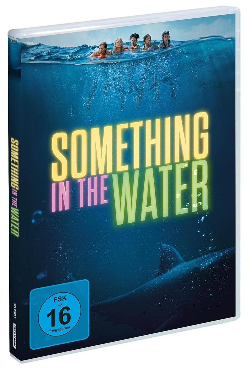 DVD-Cover für 'Something in the Water'. Blaues Wasser, Text und schwimmende Personen.