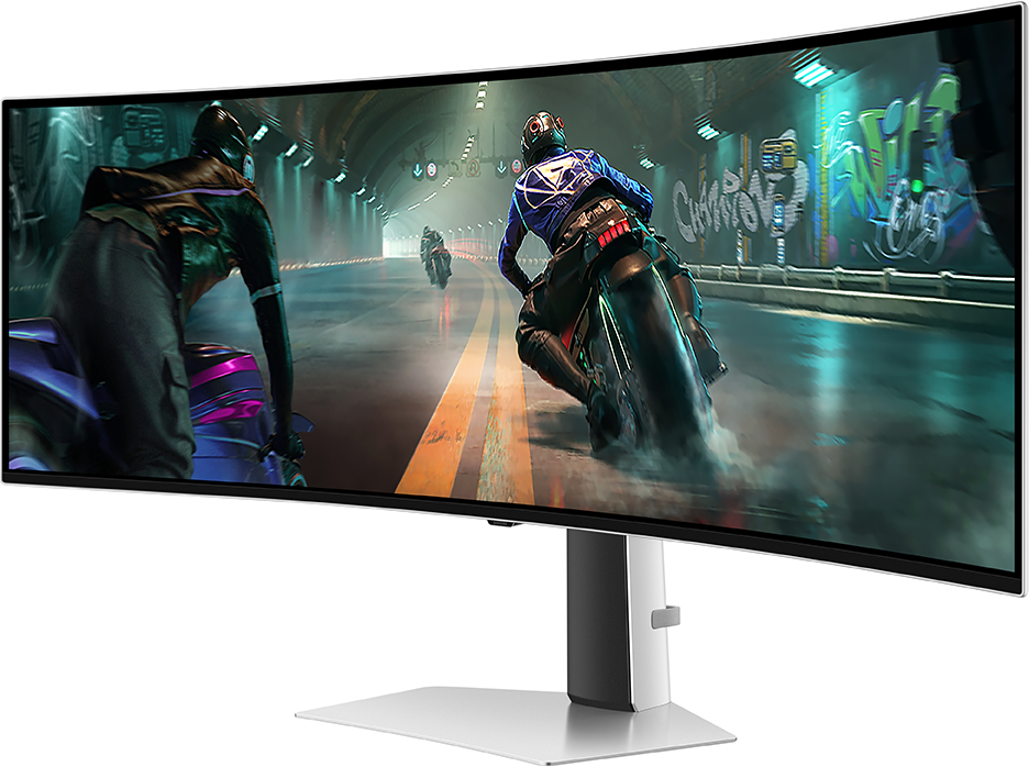 Ívelt ultra-széles monitor, egy motoros versenypályás játékot mutat, futurisztikus várossal.