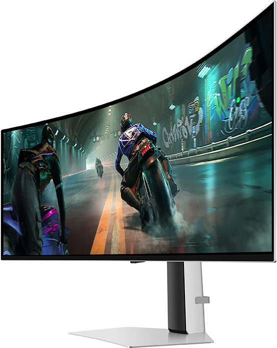 Ívelt gamer monitor, versenyjátékot mutat. Versenyzők és graffiti művészet.