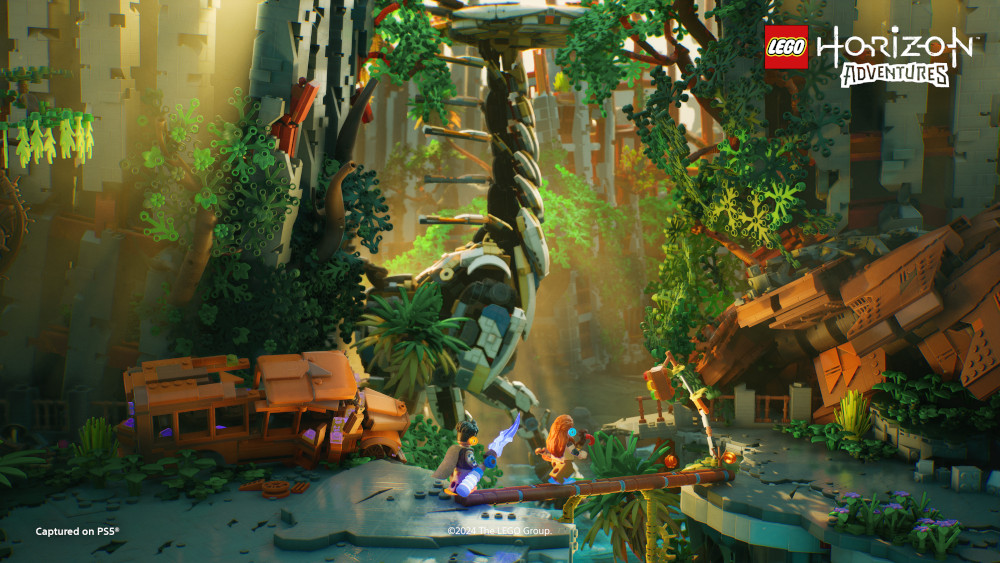 Lego Horizon Adventures scène. Lego-figuren in een jungle-omgeving met een voertuig.