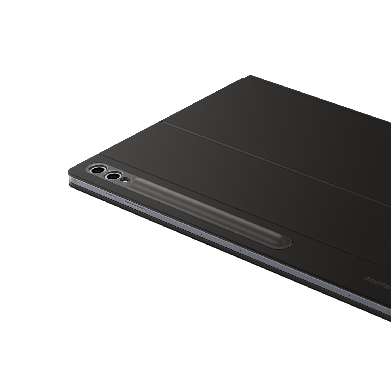 Black tablet with a stylus. The tablet is in a case, angled on a black surface.