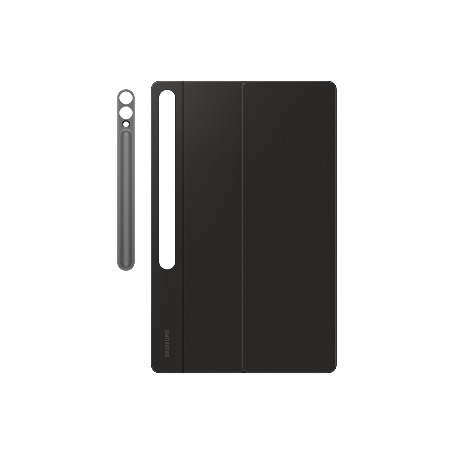 Black tablet and stylus pen on black background. The tablet cover is closed.