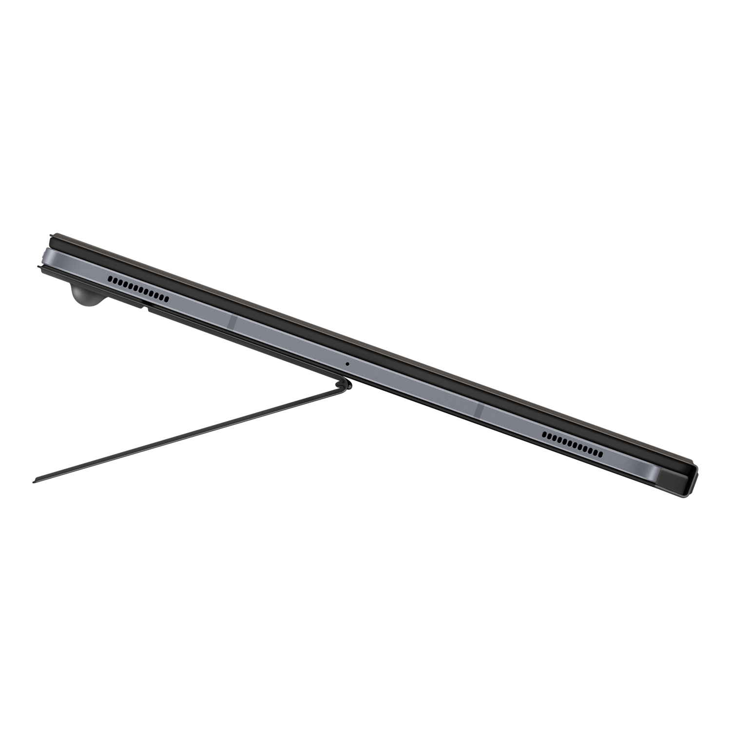A tablet with a kickstand in a diagonal position on a black background.