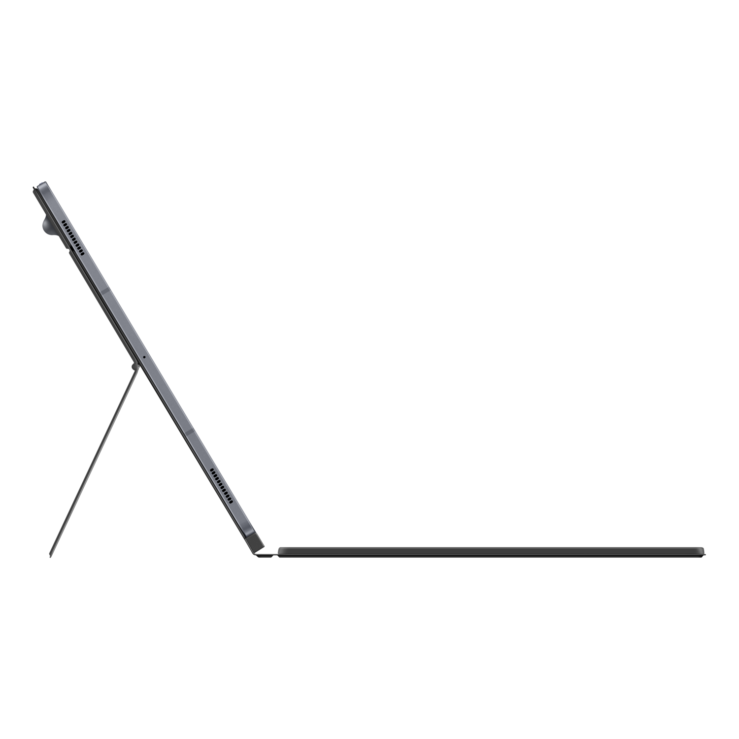 A grey tablet with a black keyboard case, angled and open, against a black background.