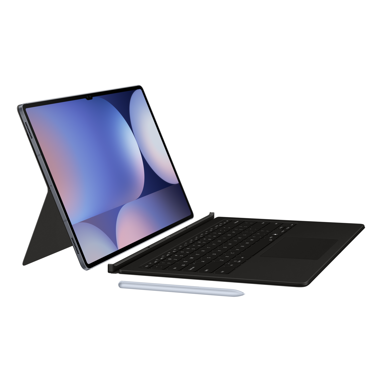 A tablet with a keyboard and stylus on a black background. The screen shows a blue design.