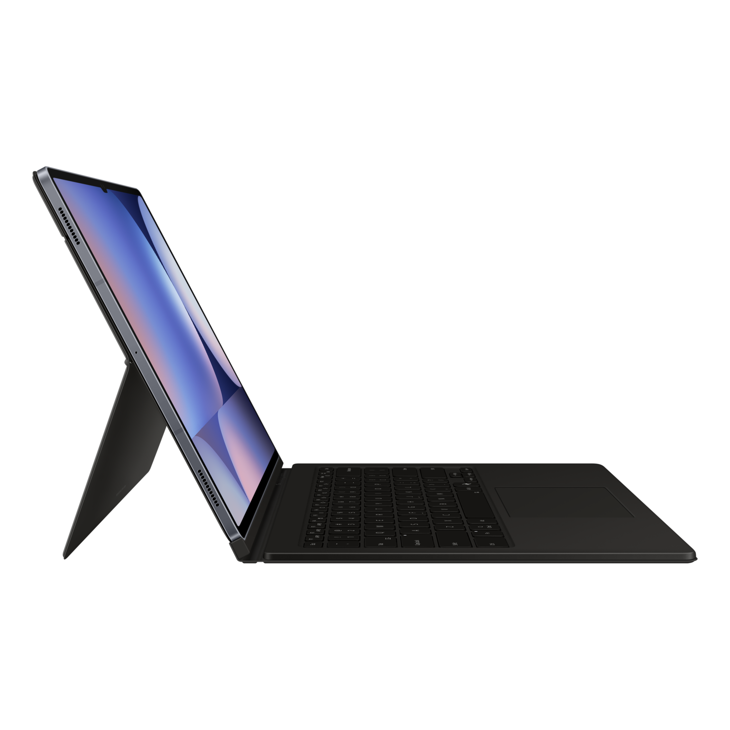 Tablet with keyboard. The screen shows an image. Black background.