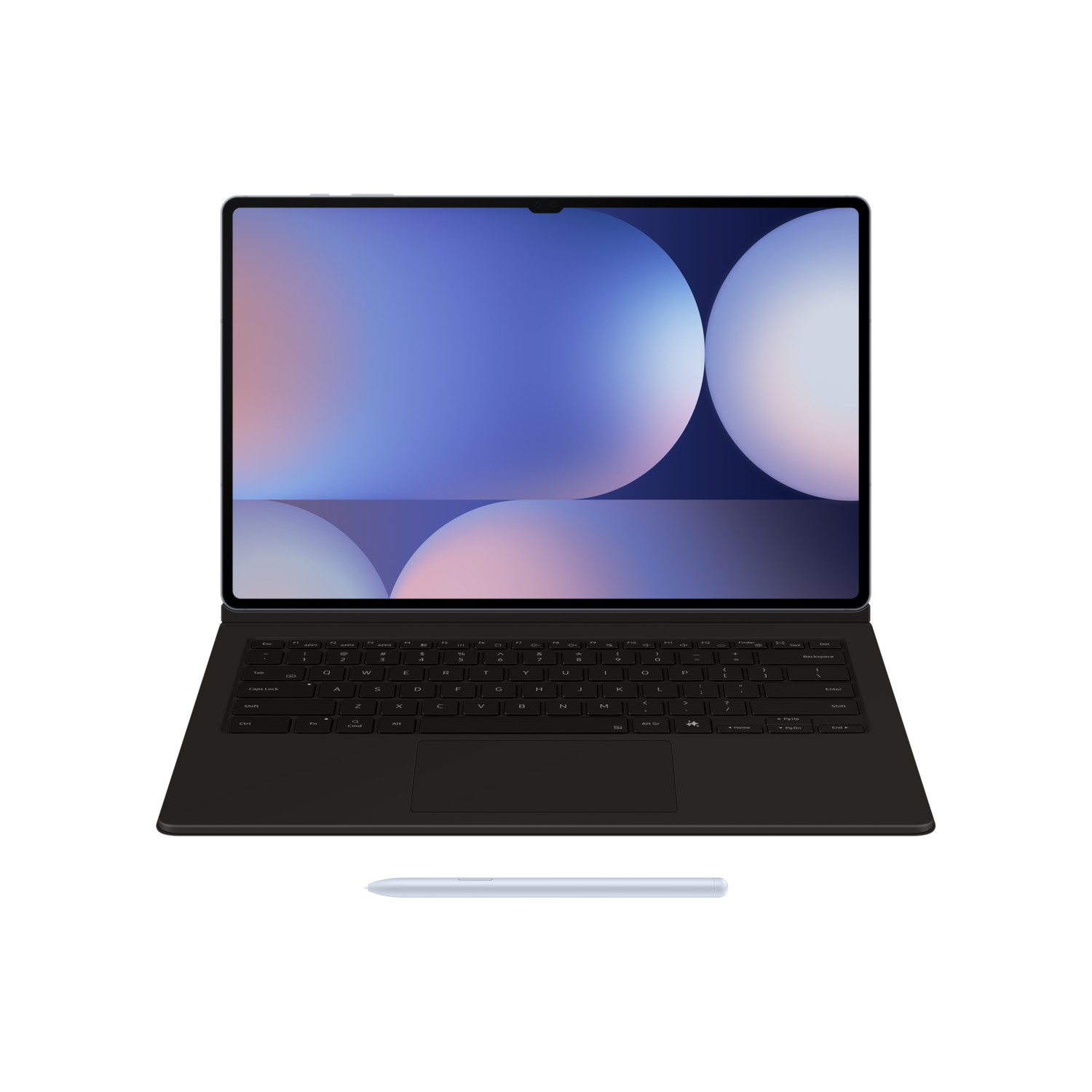 Black laptop with a large screen displaying an abstract design, with a keyboard and stylus.