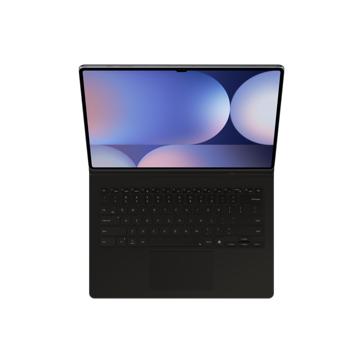 Laptop open, black keyboard, screen showing a blue and white abstract design.