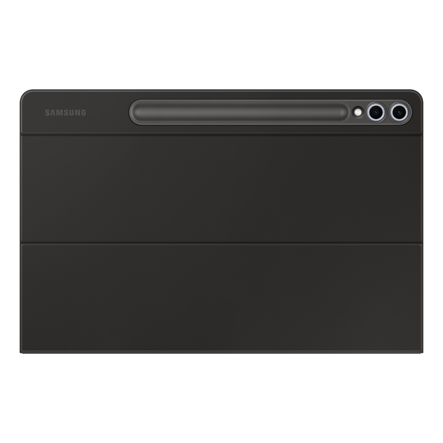 A black tablet cover in a closed position with a stylus holder and camera cutouts.