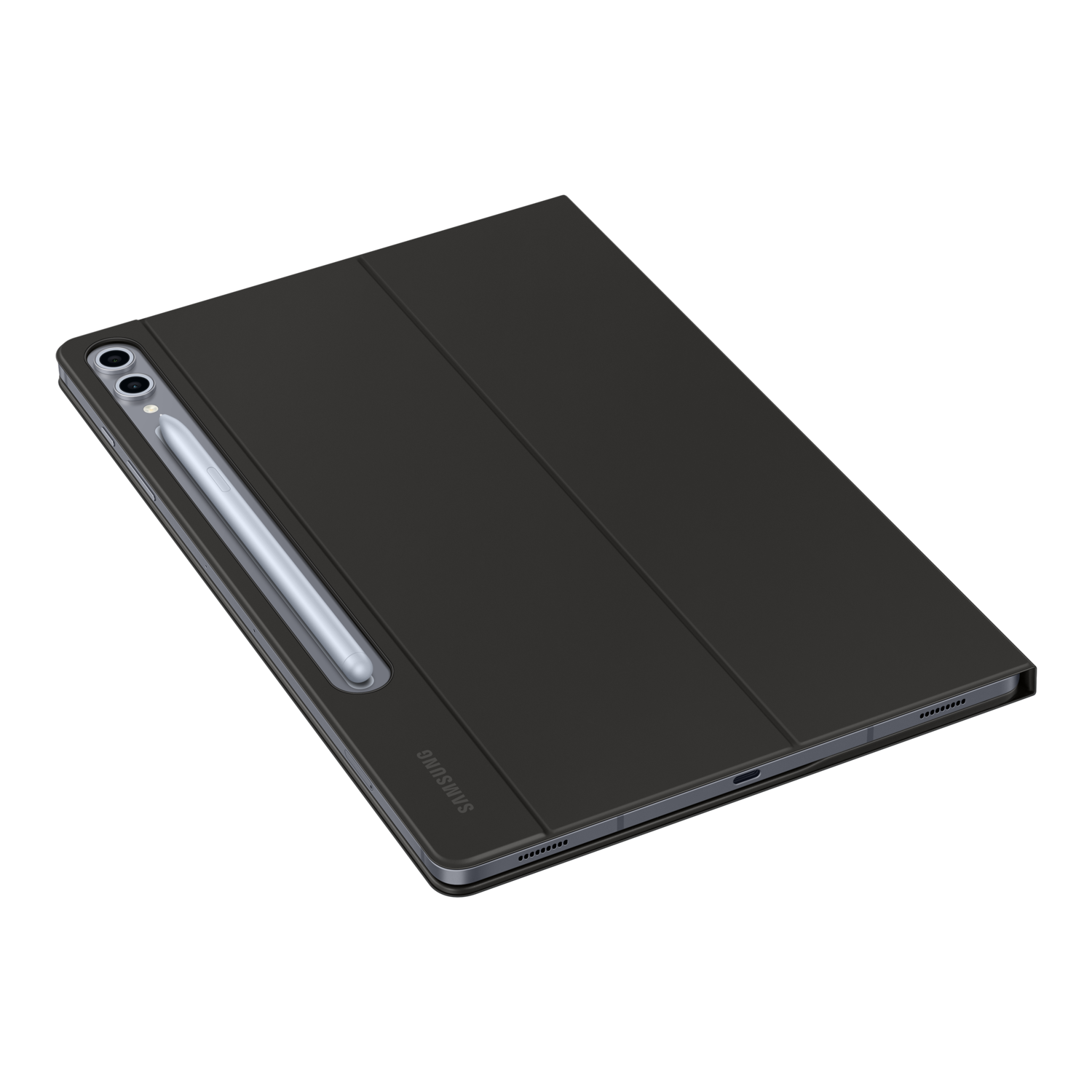 A closed tablet with a stylus. Dark brown cover with silver details, on black background.