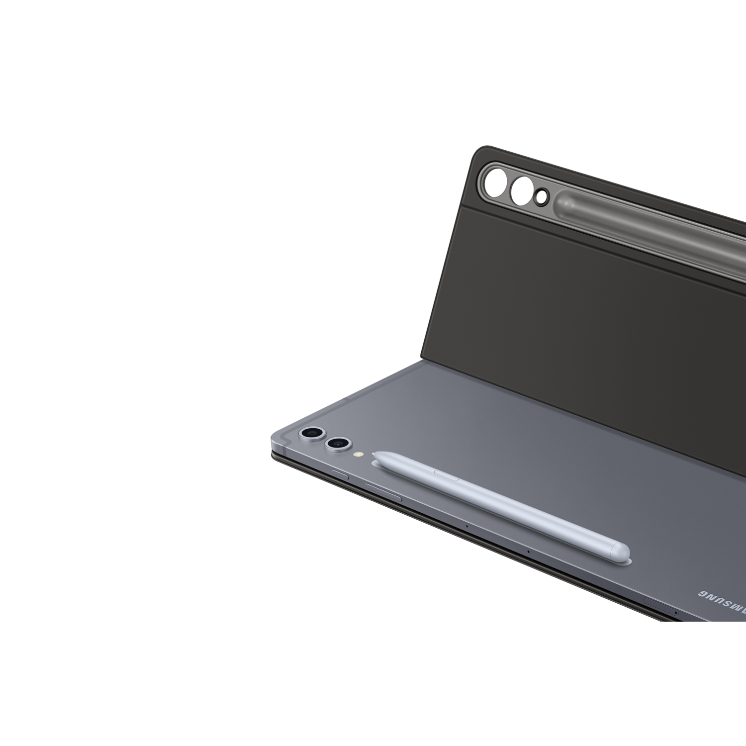 Tablet with stylus. The back of the tablet is visible. Black background.