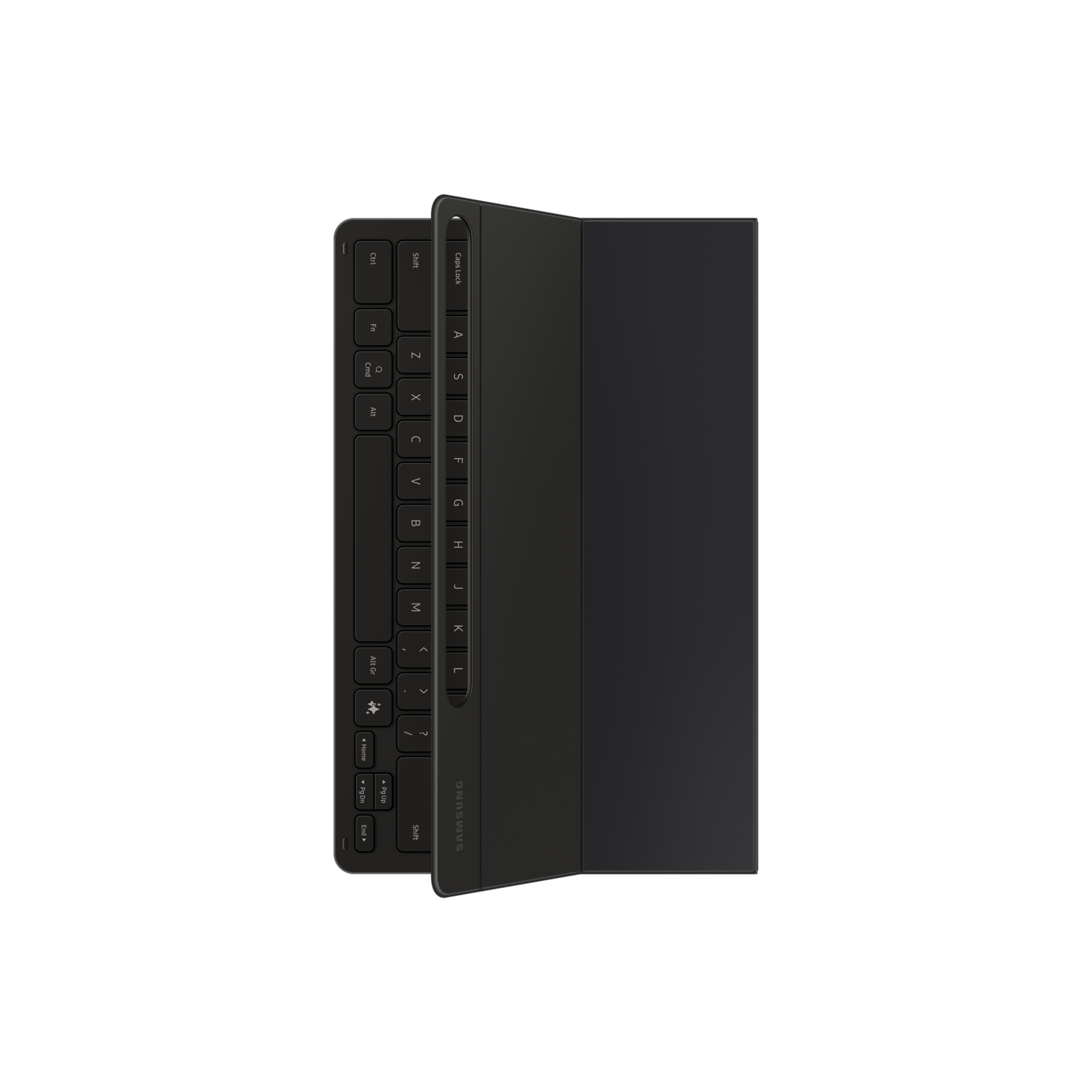 A black Samsung keyboard cover, open, with the keyboard visible.