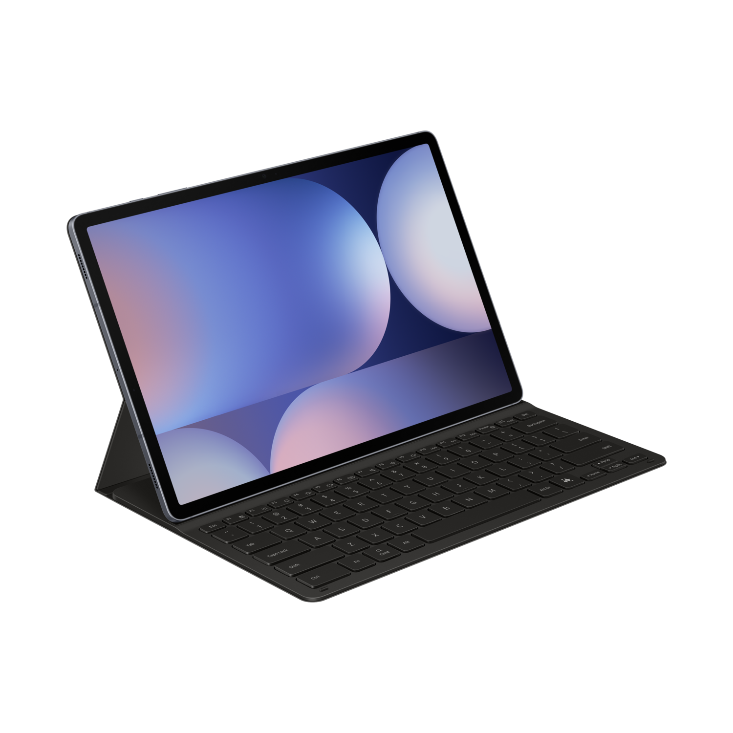 Tablet with keyboard. Screen displays a blue and white abstract image.