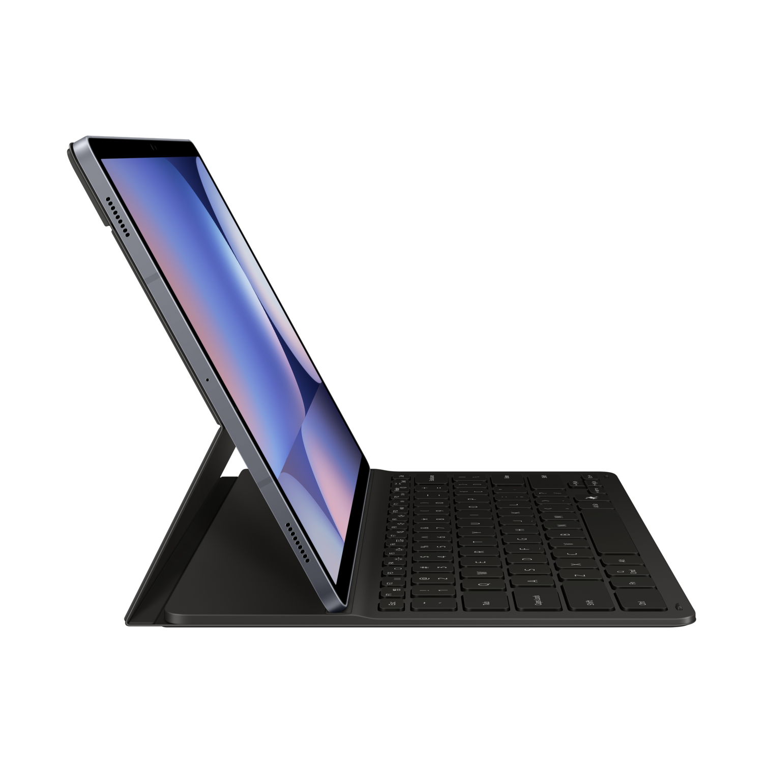 A silver tablet with a keyboard cover, placed on a black surface. The screen is on.