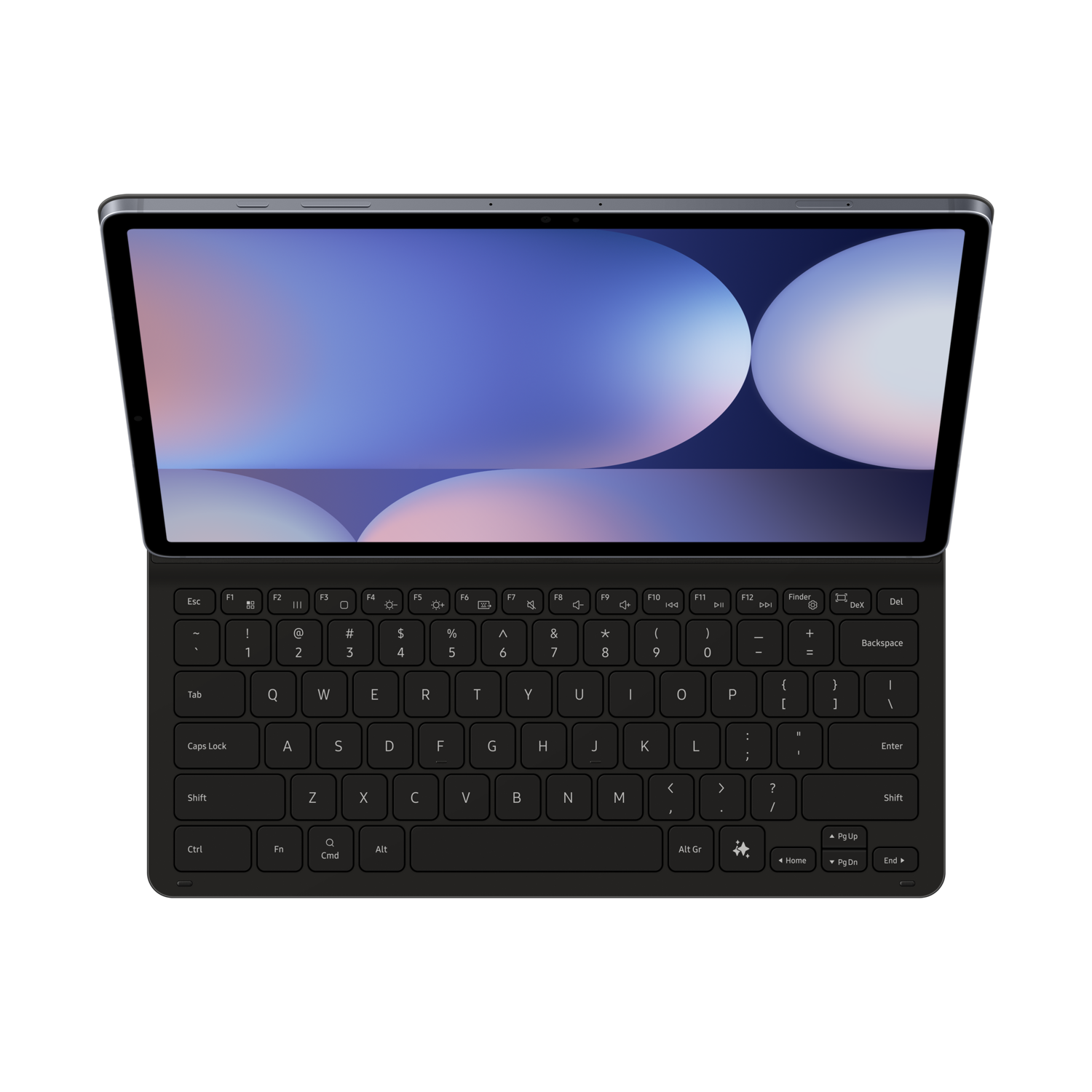 Laptop keyboard with open screen. Displays a blurred purple and blue image on black background.