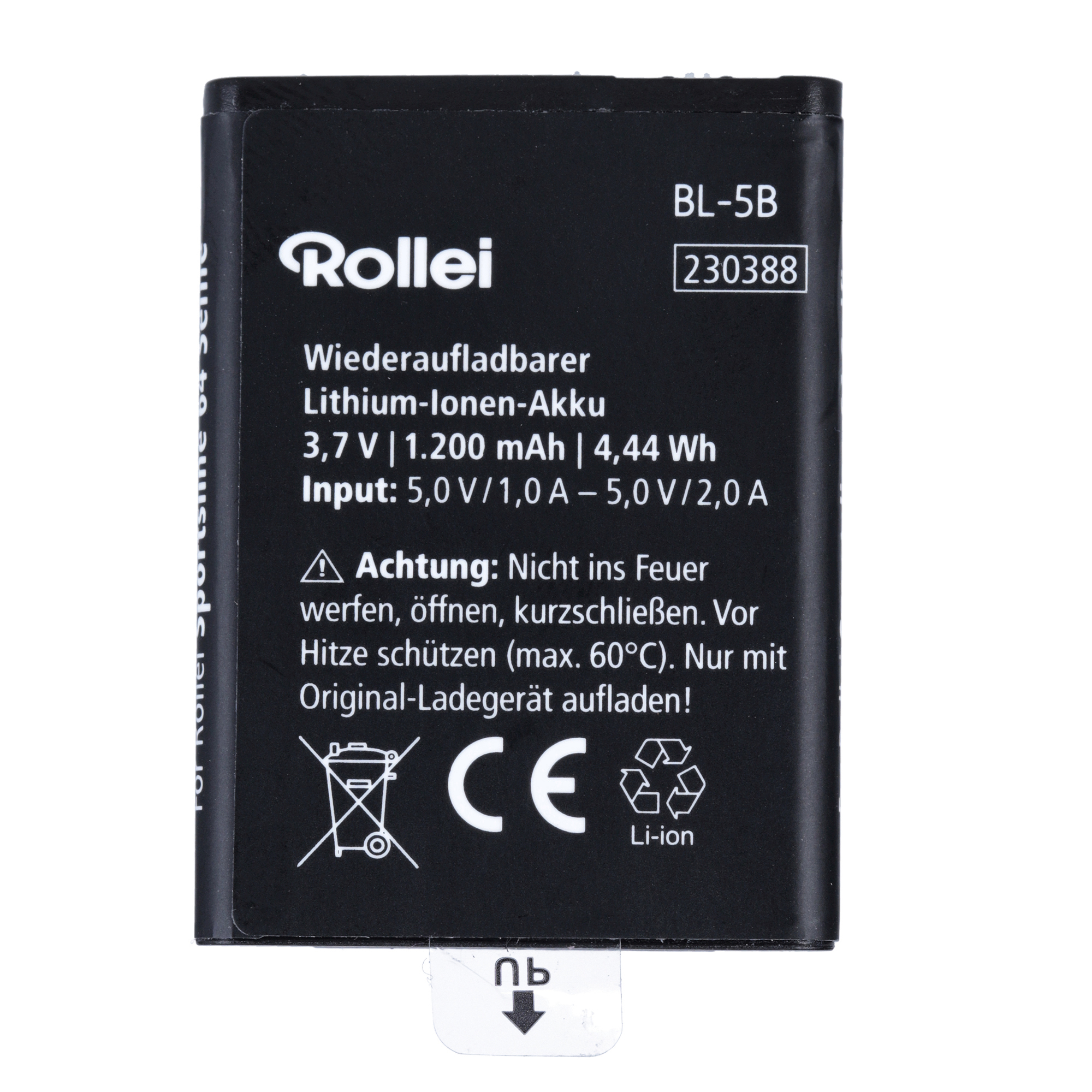 Schwarze Rollei-Batterie mit Text. Es gibt Warnungen. Der Hintergrund ist weiß.