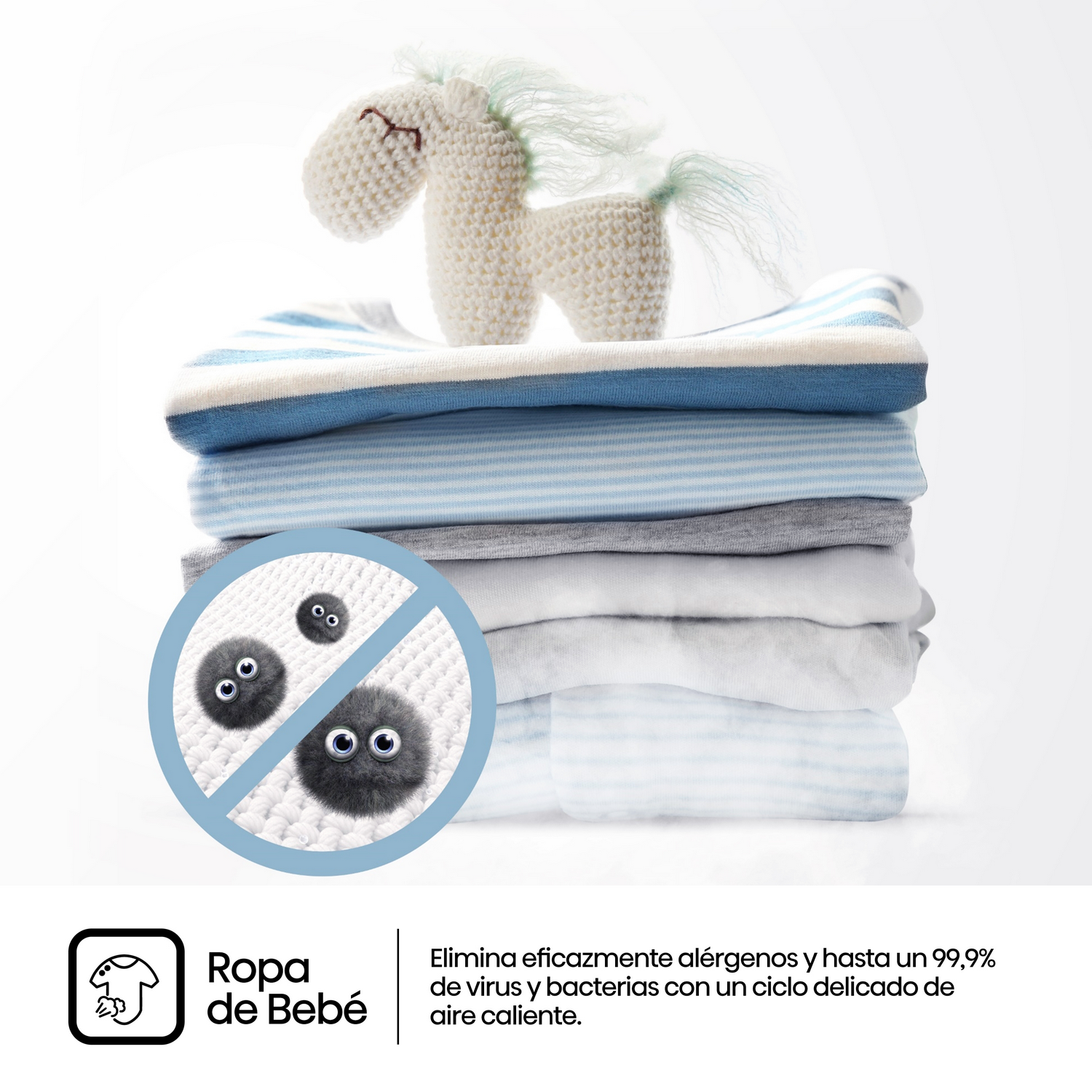 Una pila de ropa de bebé doblada con un caballo de punto y un símbolo de alérgeno.