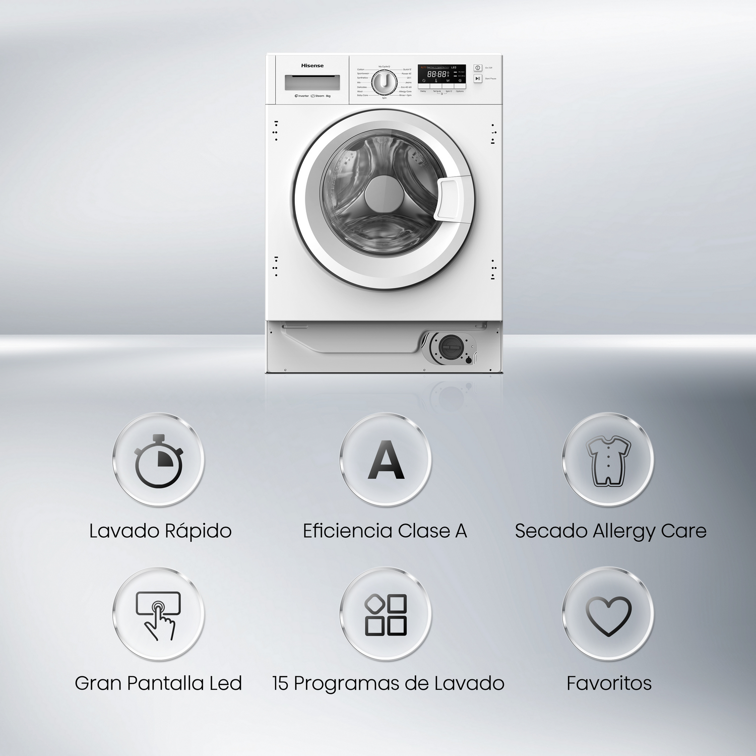 Una lavadora blanca con varios iconos de funciones.
