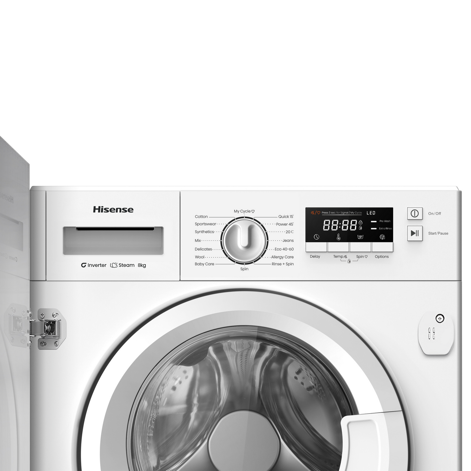 Lavadora blanca con puerta abierta, panel de control y un dial para ajustes de lavado.
