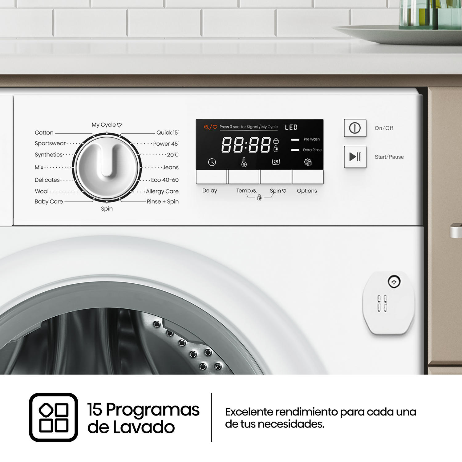Panel de control de lavadora con programas y pantalla. Texto en español: 15 programas de lavado.