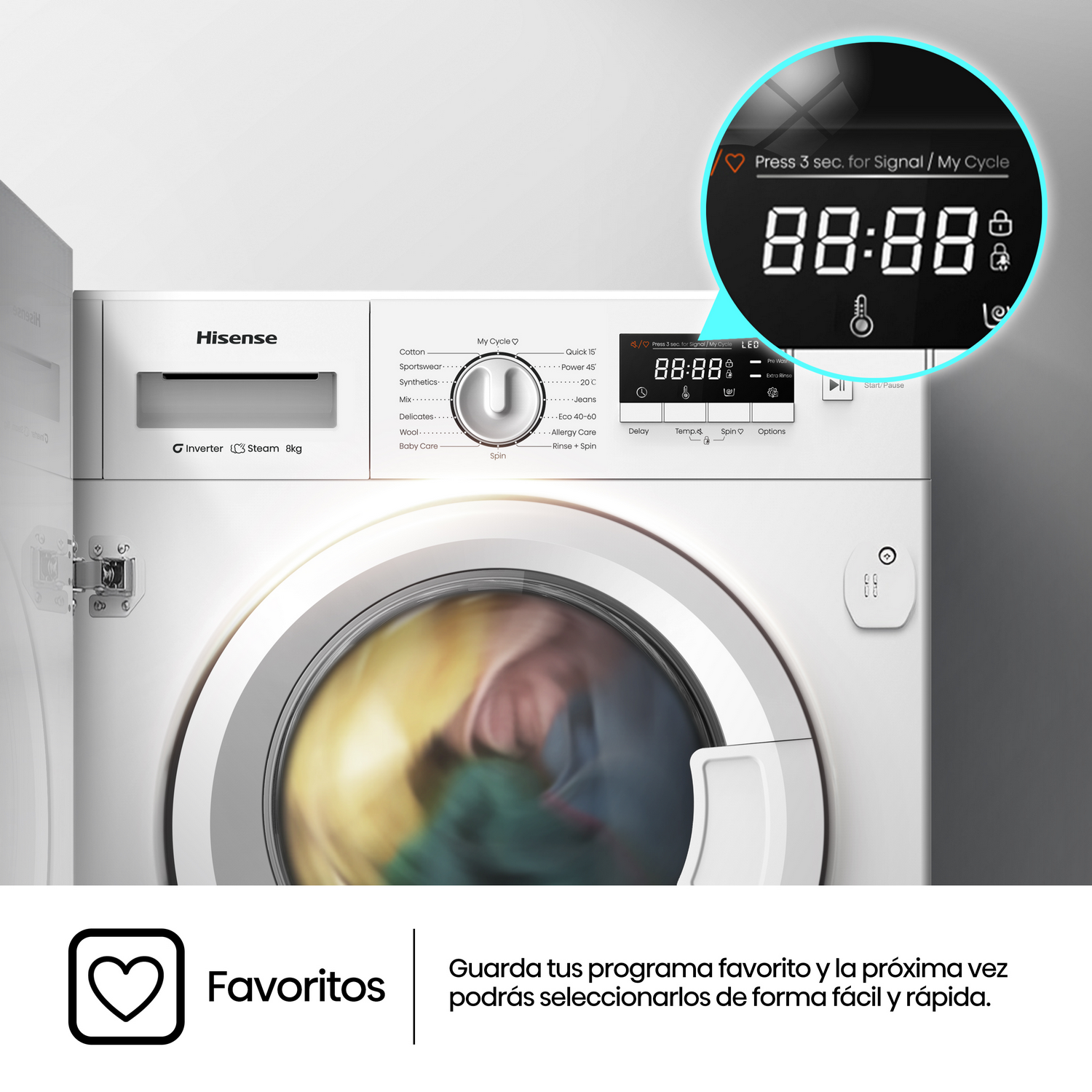Lavadora Hisense blanca con panel de control y temporizador digital. Un icono de corazón y la palabra 'Favoritos'.