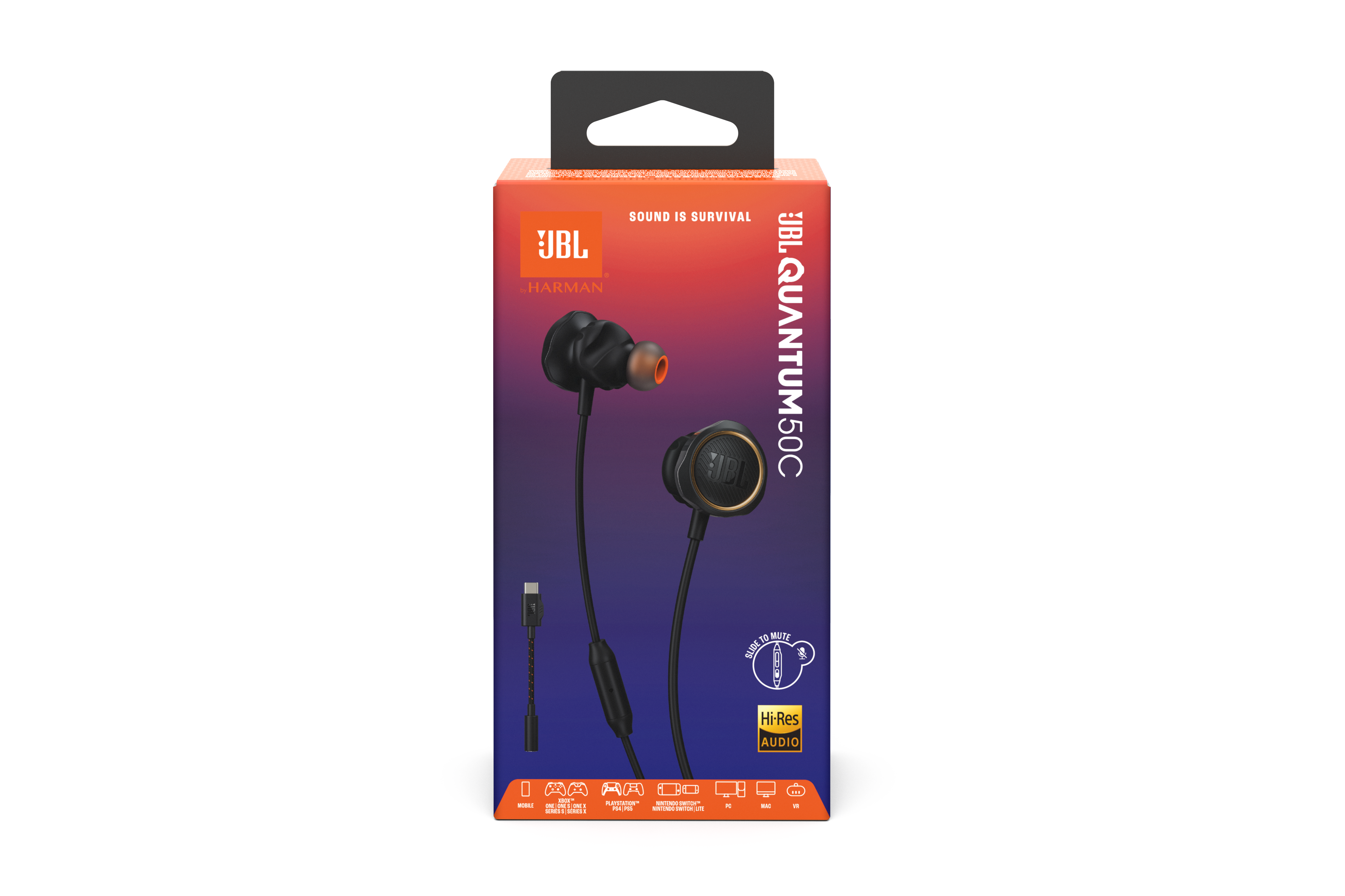 Bir kutuda JBL Quantum 50C kulaklıklar. Kutuda JBL logosu ve grafikleri var.
