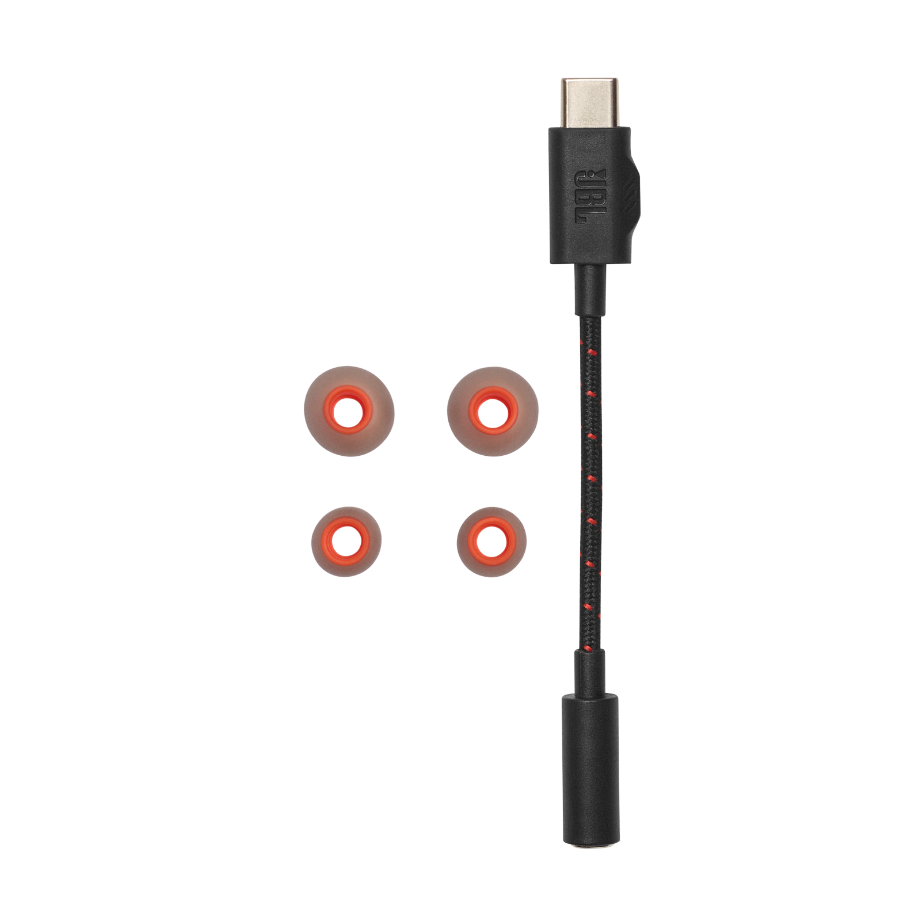 JBL kulaklık aksesuarları. Kulaklık uçları ve USB-C adaptör kablosu içerir.