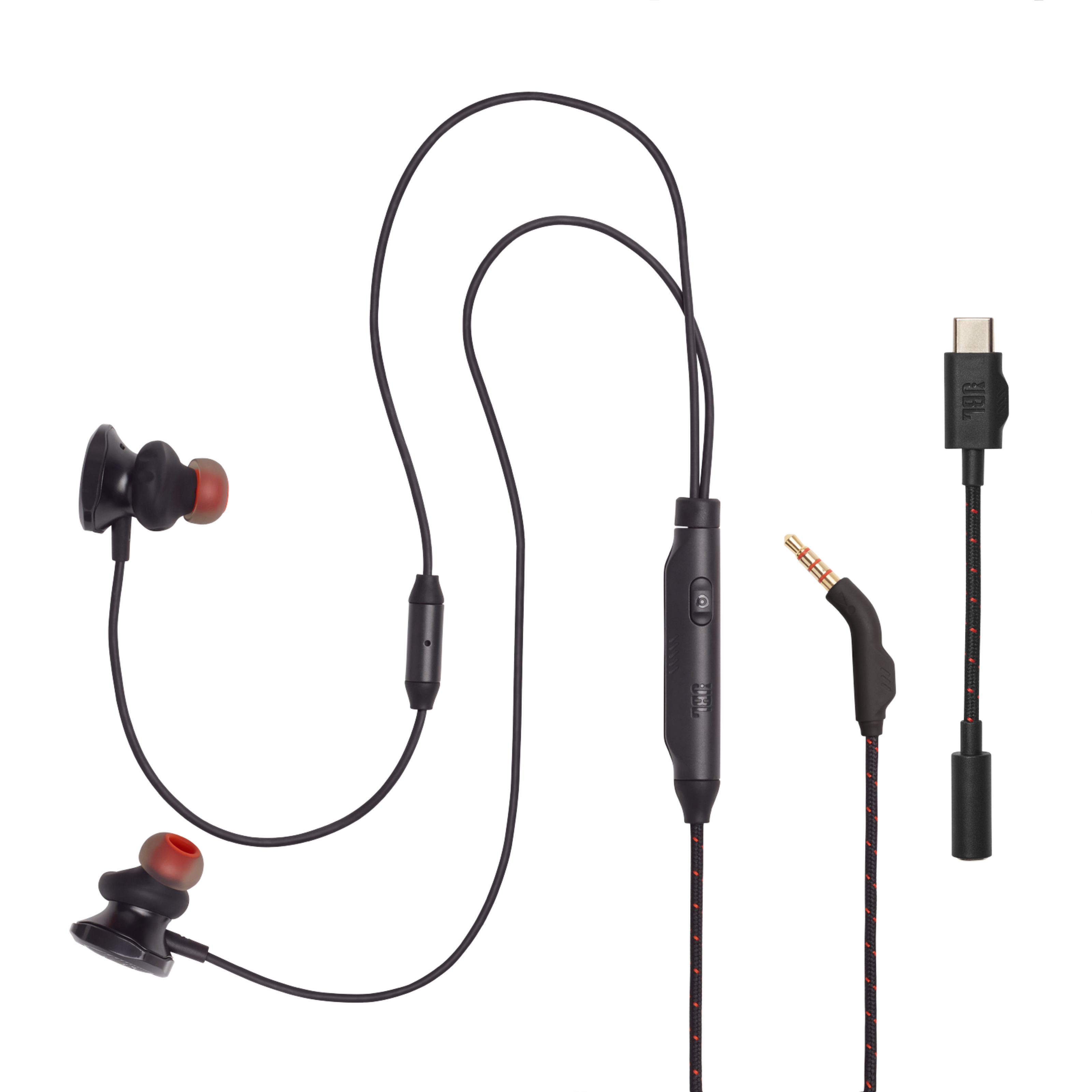 Kırmızı detaylara ve bir kontrol modülüne sahip siyah kulak içi kulaklıklar. USB-C ve 3,5 mm konektörler içerir.