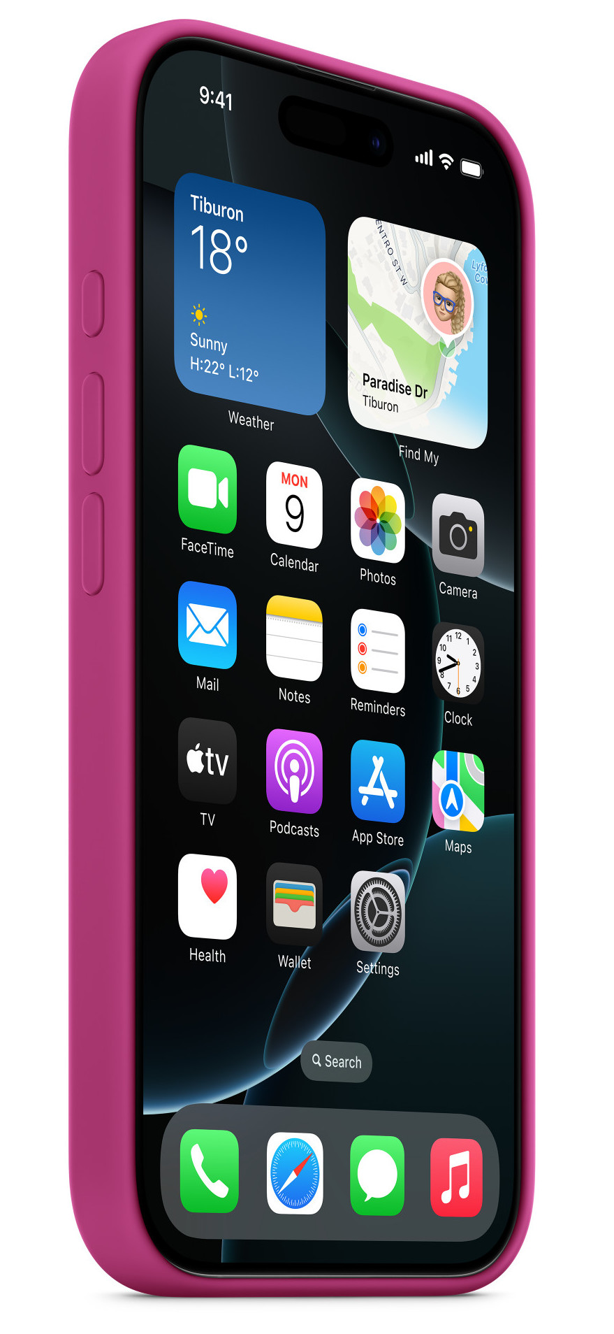 Smartfon w różowym etui wyświetlający interfejs aplikacji pogodowej.