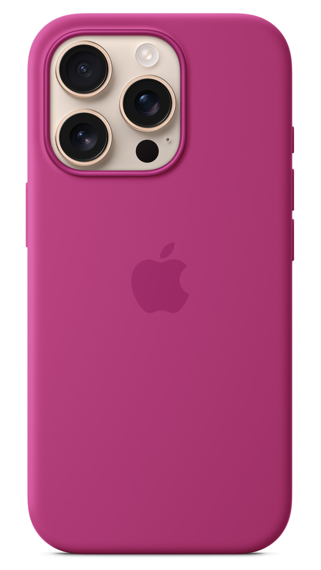 Różowe etui na iPhone'a z wycięciami na aparat i logo Apple. Tło jest białe.