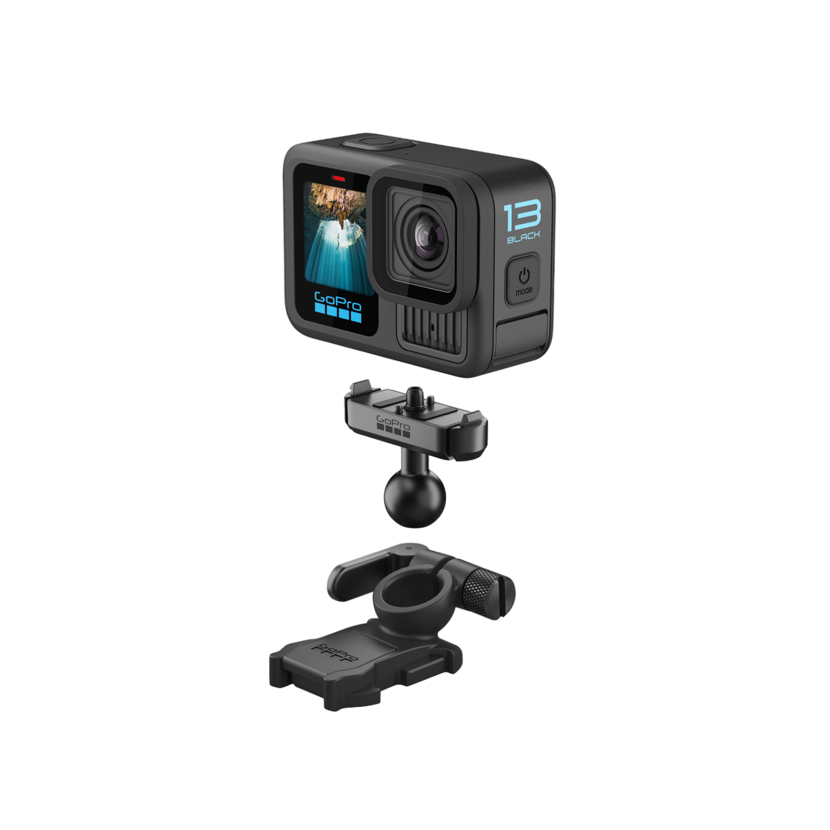 Schwarze GoPro 13 Black Kamera mit Halterung und Zubehör. Auf schwarzem Hintergrund. Modus- und Ein/Aus-Tasten sichtbar.