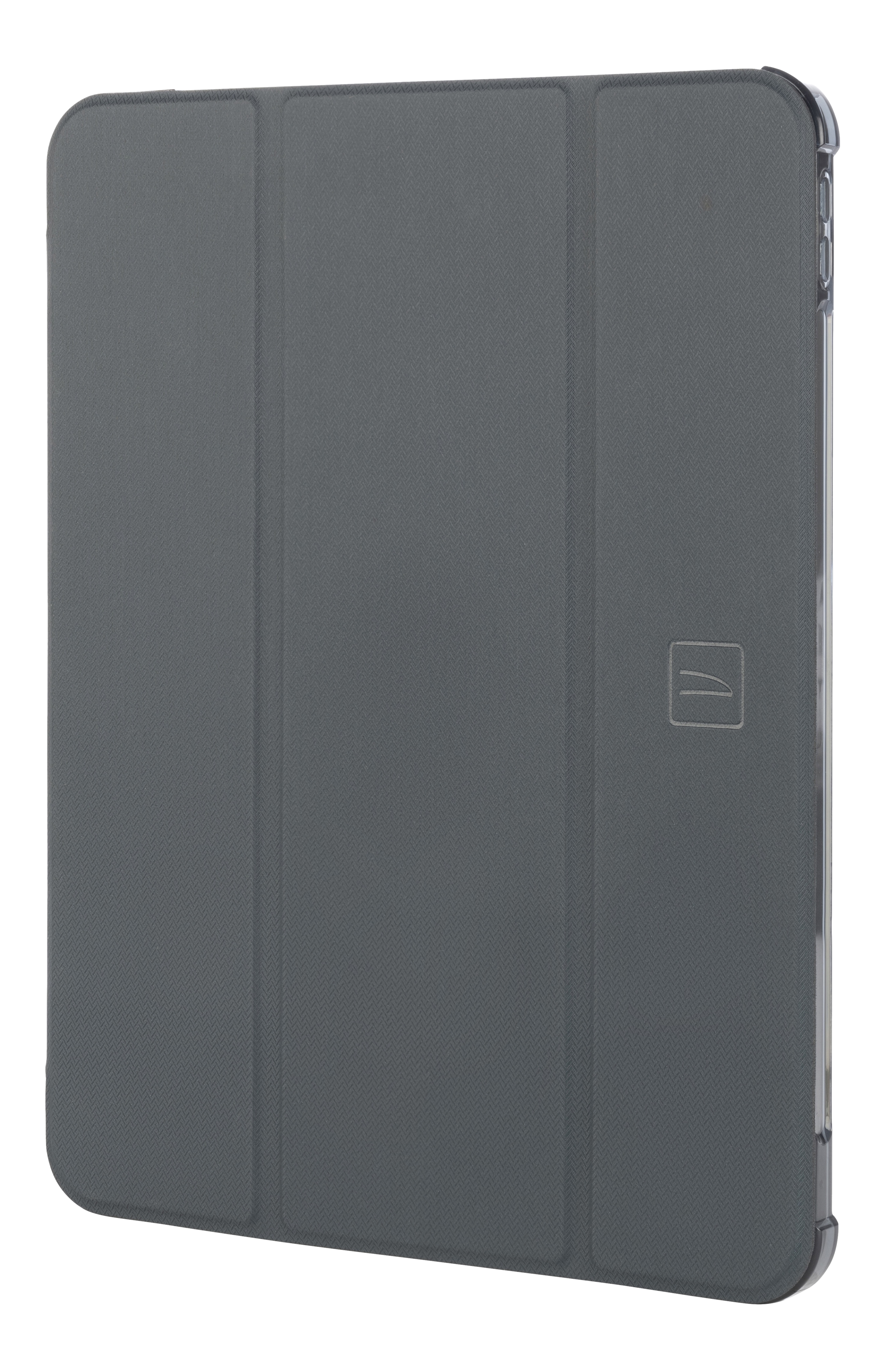 Graue Tablet-Hülle. Graue Vorderseite, geschlossen. Transparenter Kunststoffrand auf der rechten Seite. Schlankes Design.