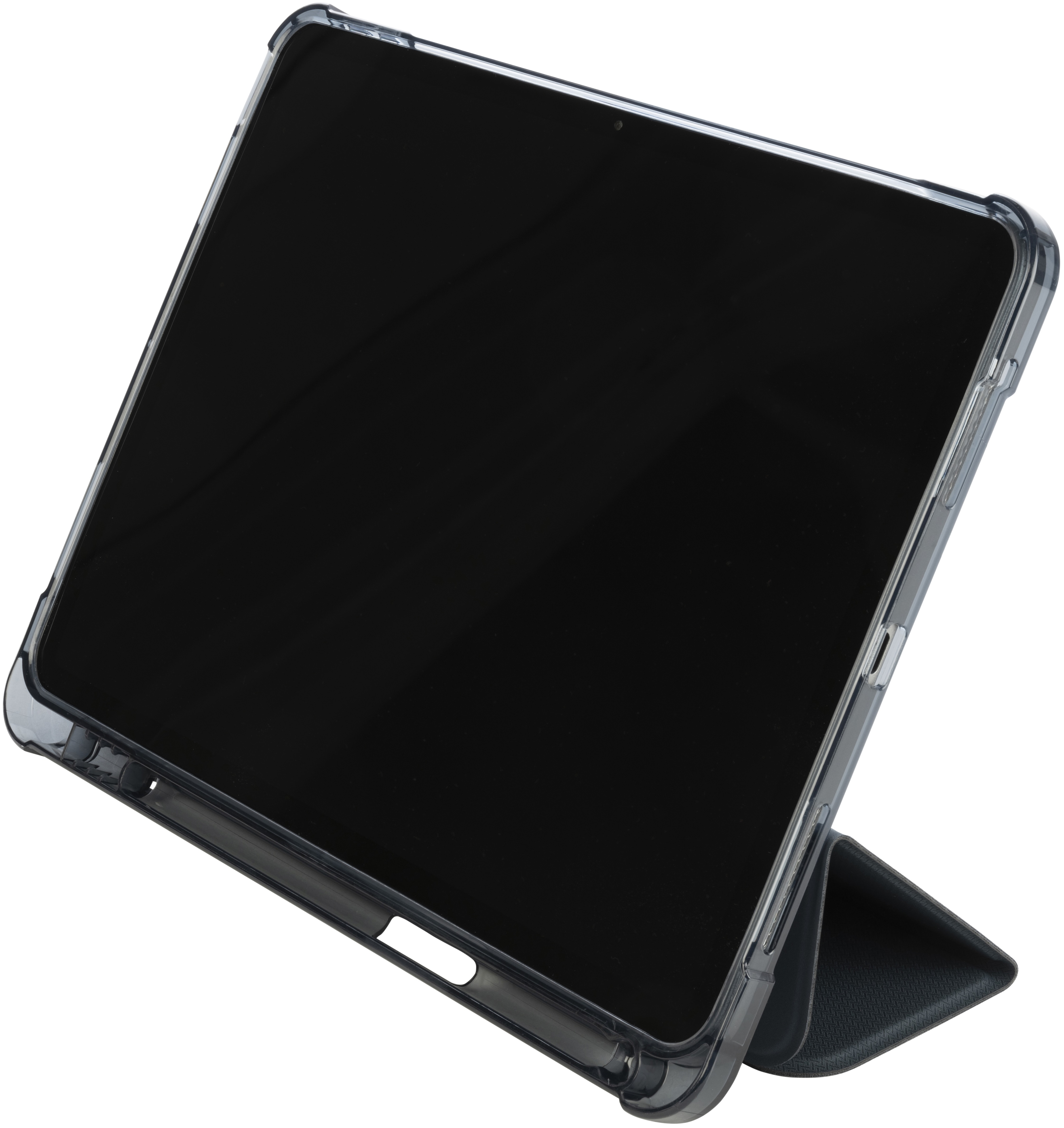 Ein Tablet in einer transparenten Hülle, auf einem schwarzen Ständer abgestützt. Schwarzer Bildschirm sichtbar.