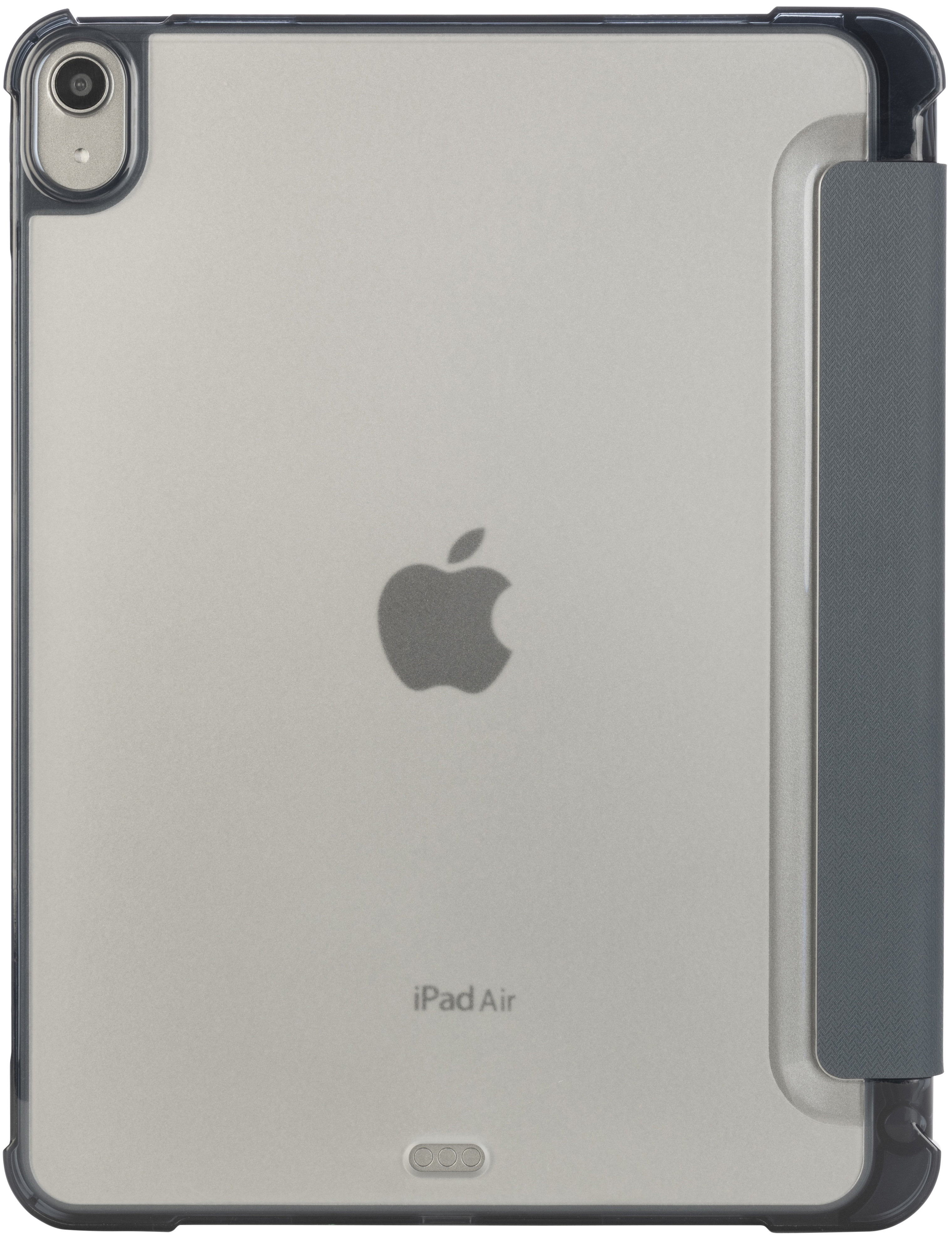 iPad Air in grauem Gehäuse. Das Apple-Logo ist sichtbar. Auf der Seite befindet sich eine dunkelgraue Abdeckung.