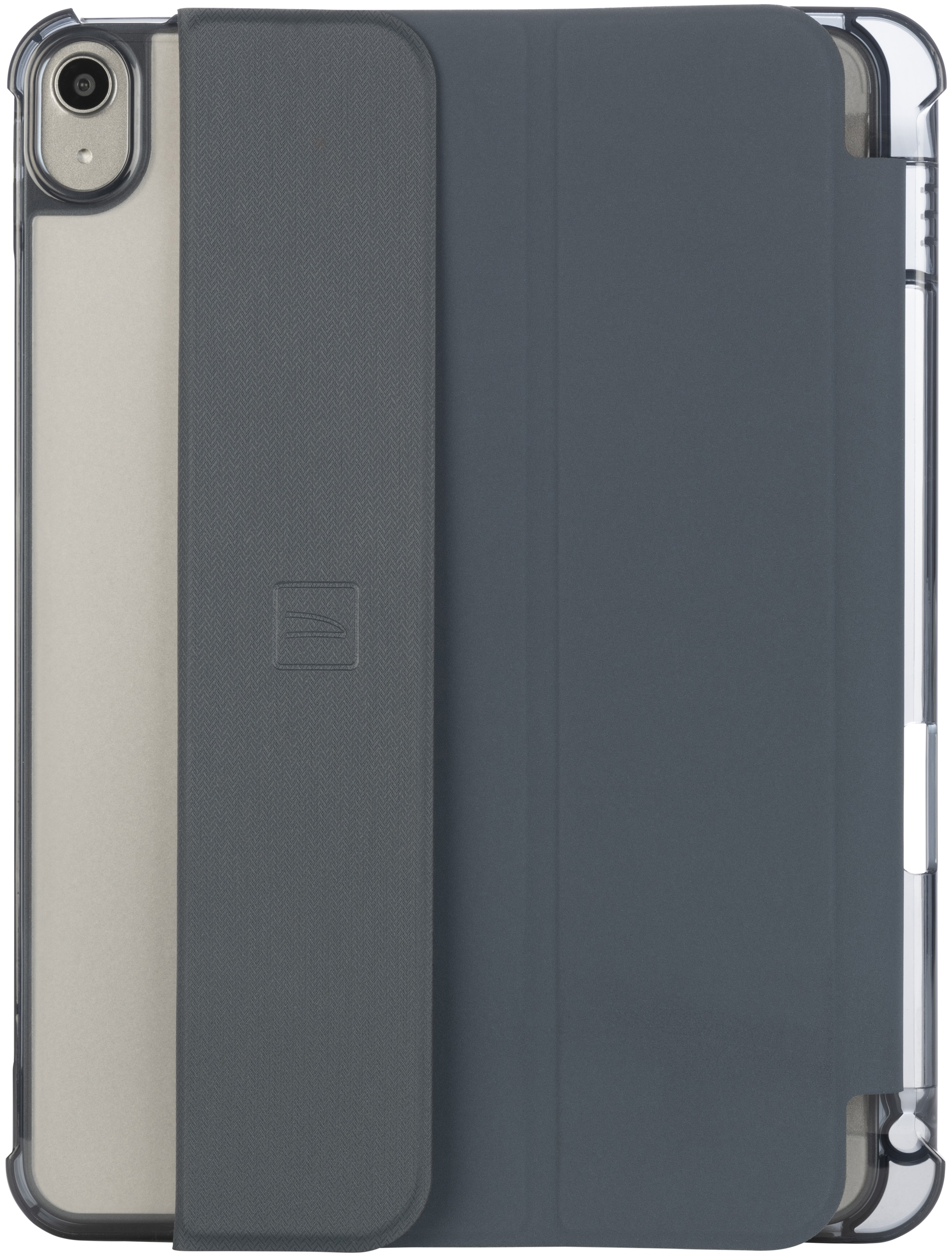 Graue Tablet-Hülle mit durchsichtigem Rücken und Stifthalter, offen.