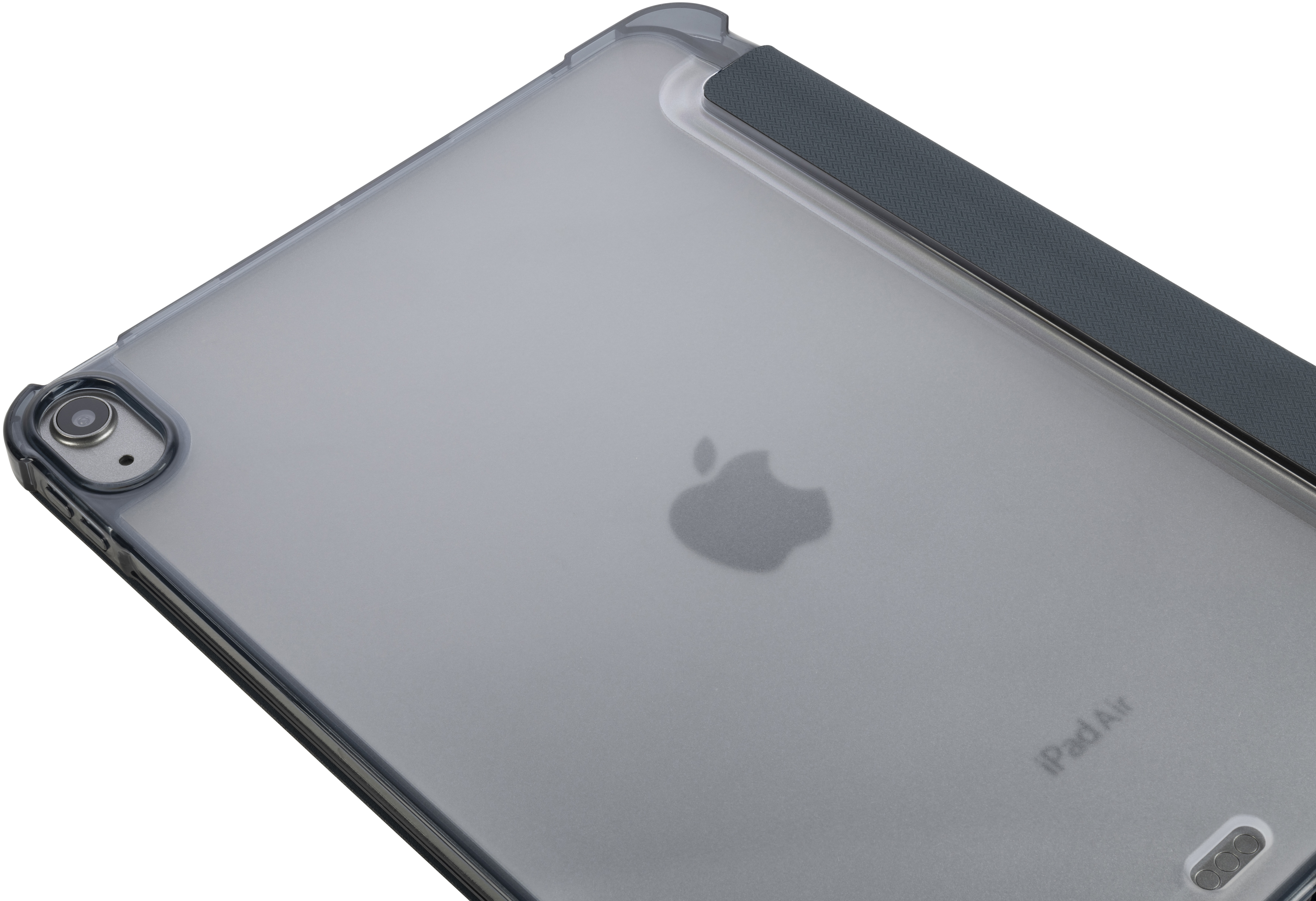Transparente iPad-Hülle mit dunkelgrauer Abdeckung. Apple-Logo sichtbar. Weißer Hintergrund.