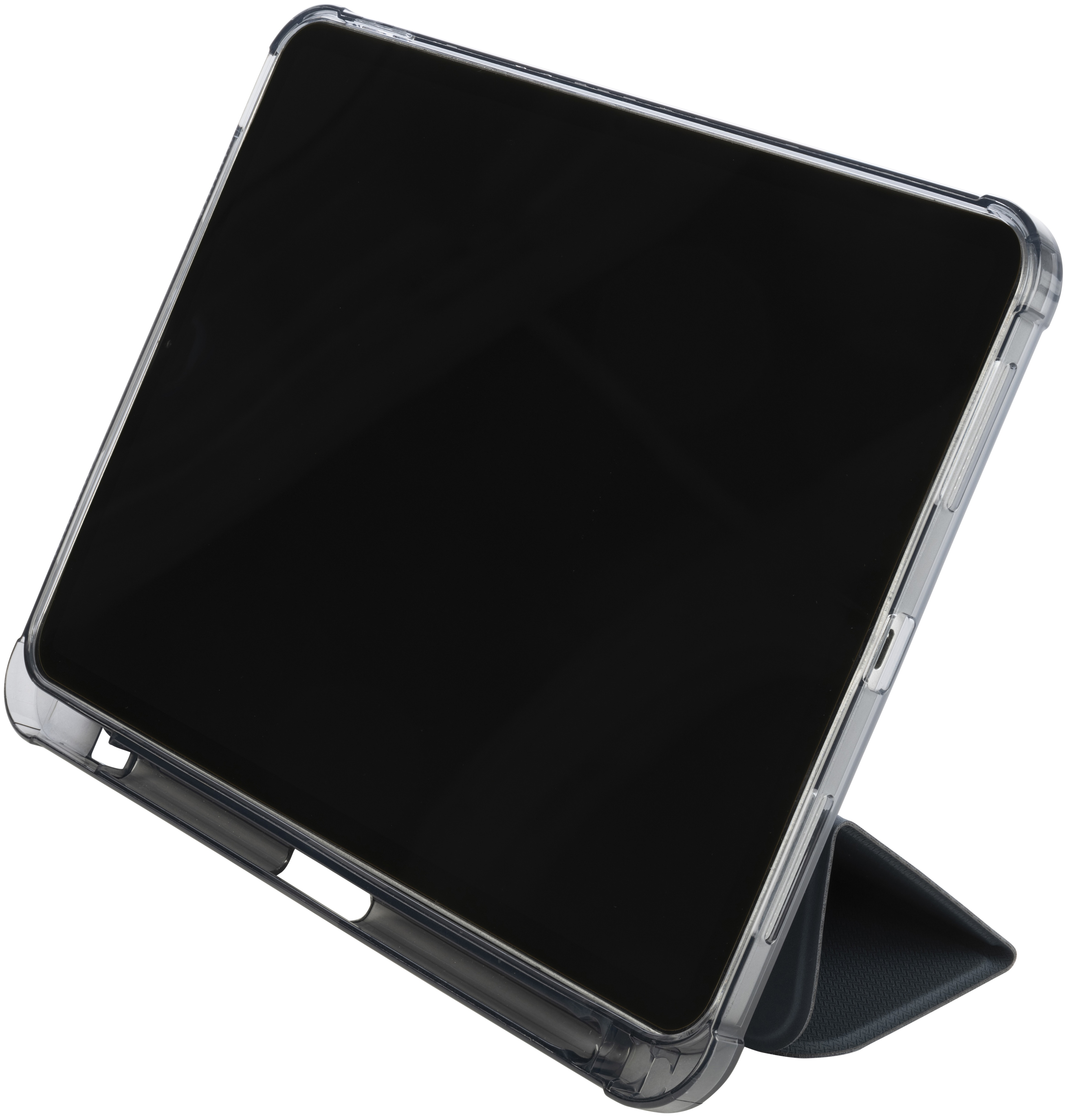 Une tablette dans un étui transparent, soutenue en angle sur un support pliable.