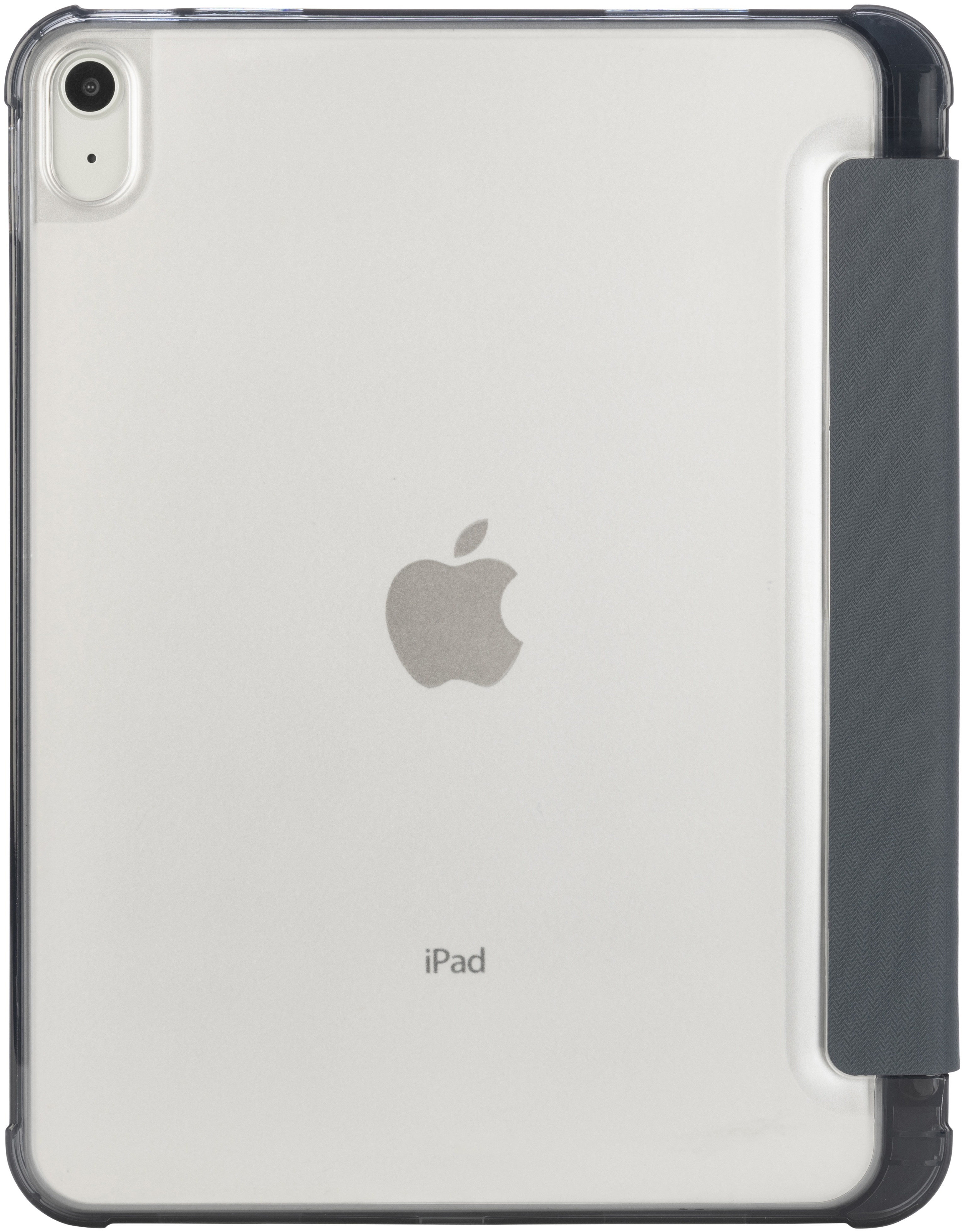 Un iPad dans un étui transparent avec une couverture gris foncé. Le logo Apple et le mot iPad sont visibles.