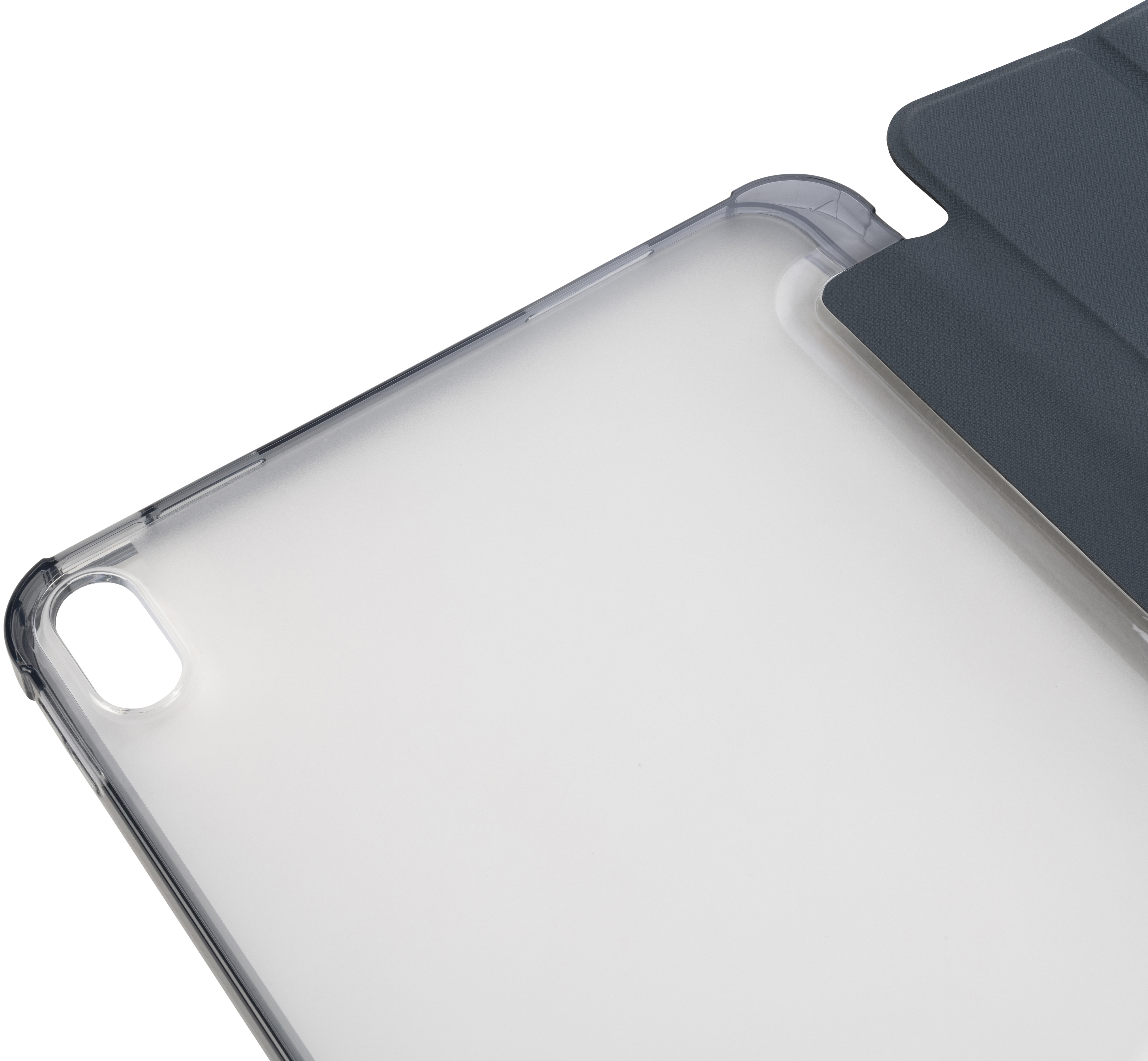 Gros plan sur un étui de tablette transparent, montrant le cadre et une partie du couvercle.