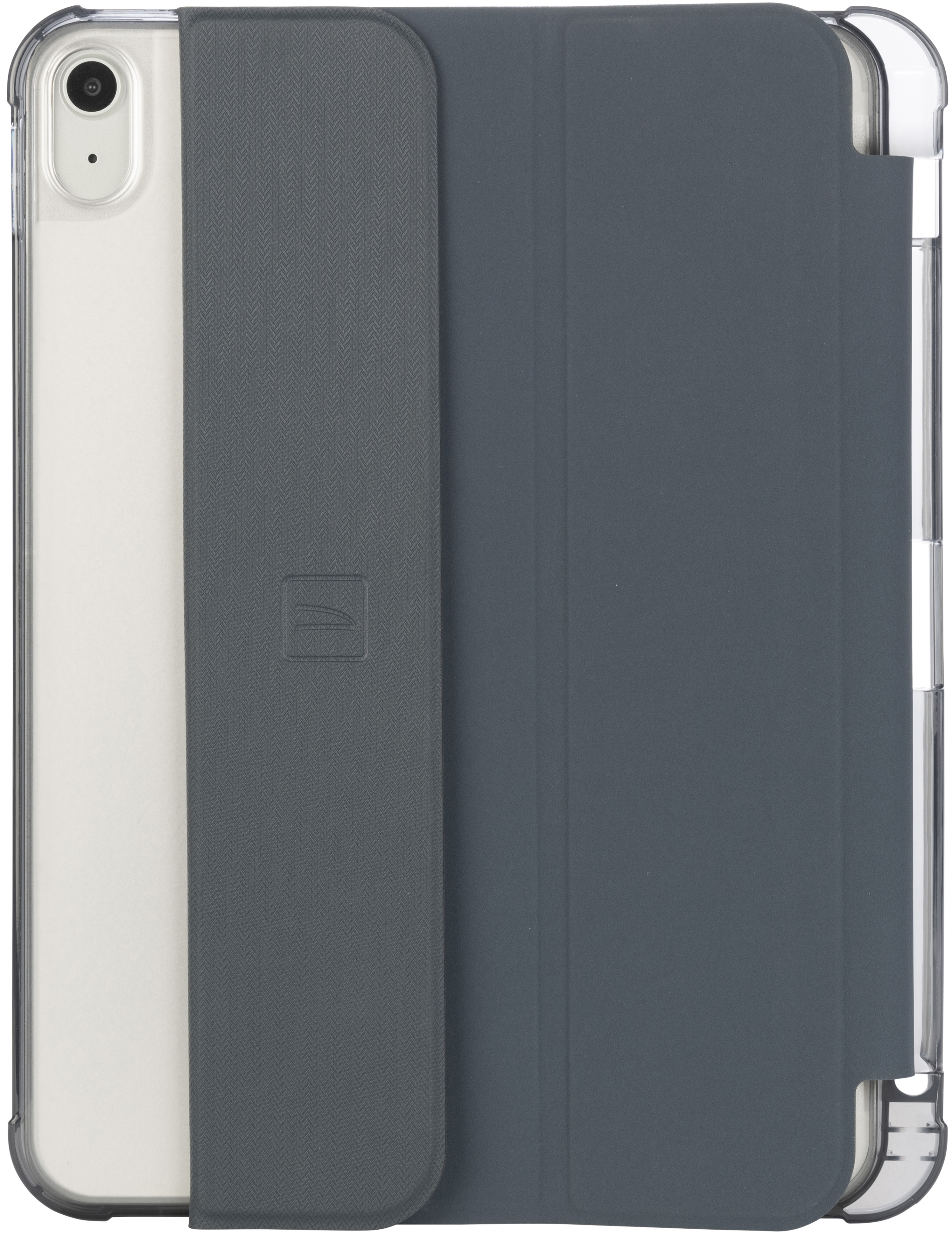 Un iPad dans un étui gris est visible. L'étui couvre l'arrière et s'enroule sur le côté.