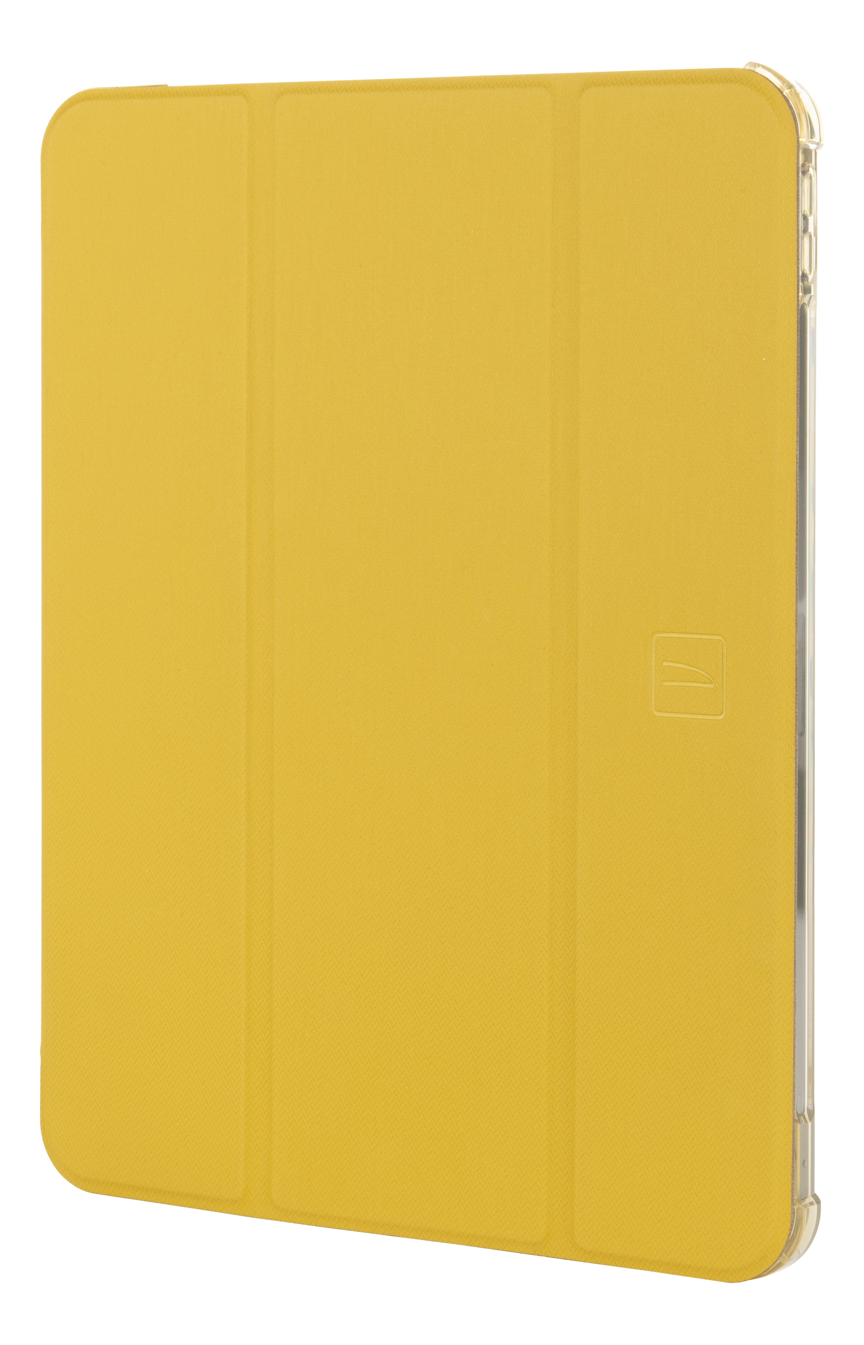 Étui de tablette jaune, fermé, avec bord transparent sur fond blanc.