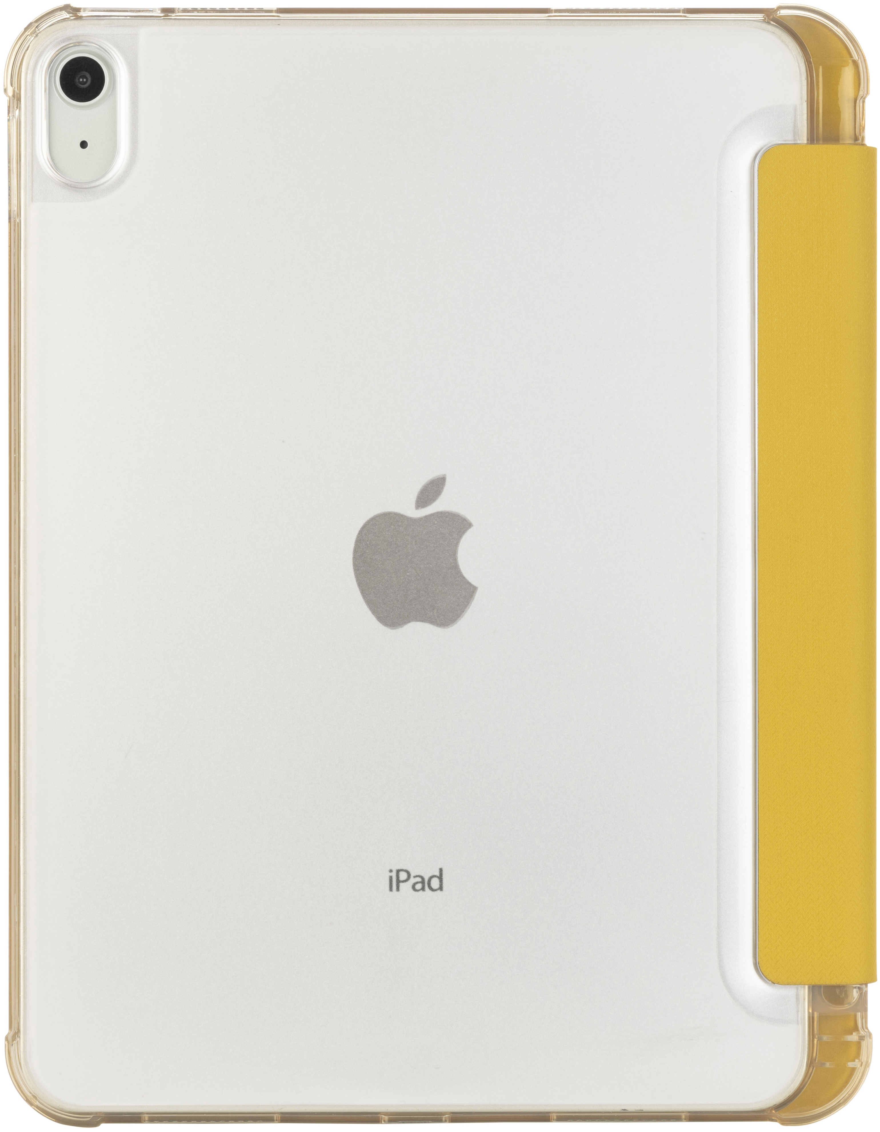 iPad blanc dans un étui transparent avec une poignée latérale jaune et le logo Apple.