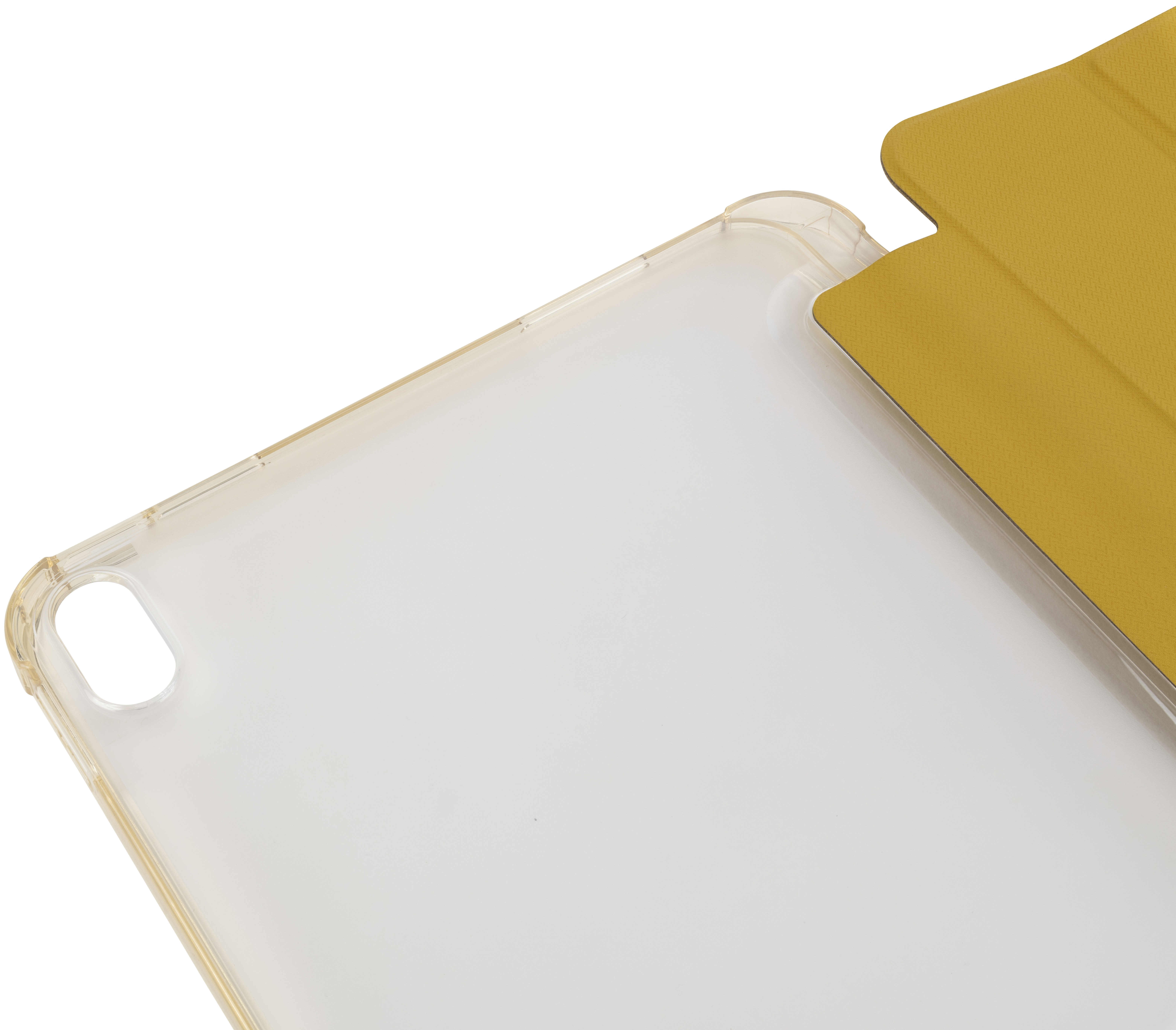 Étui de tablette transparent avec une couverture jaune, sur fond blanc.