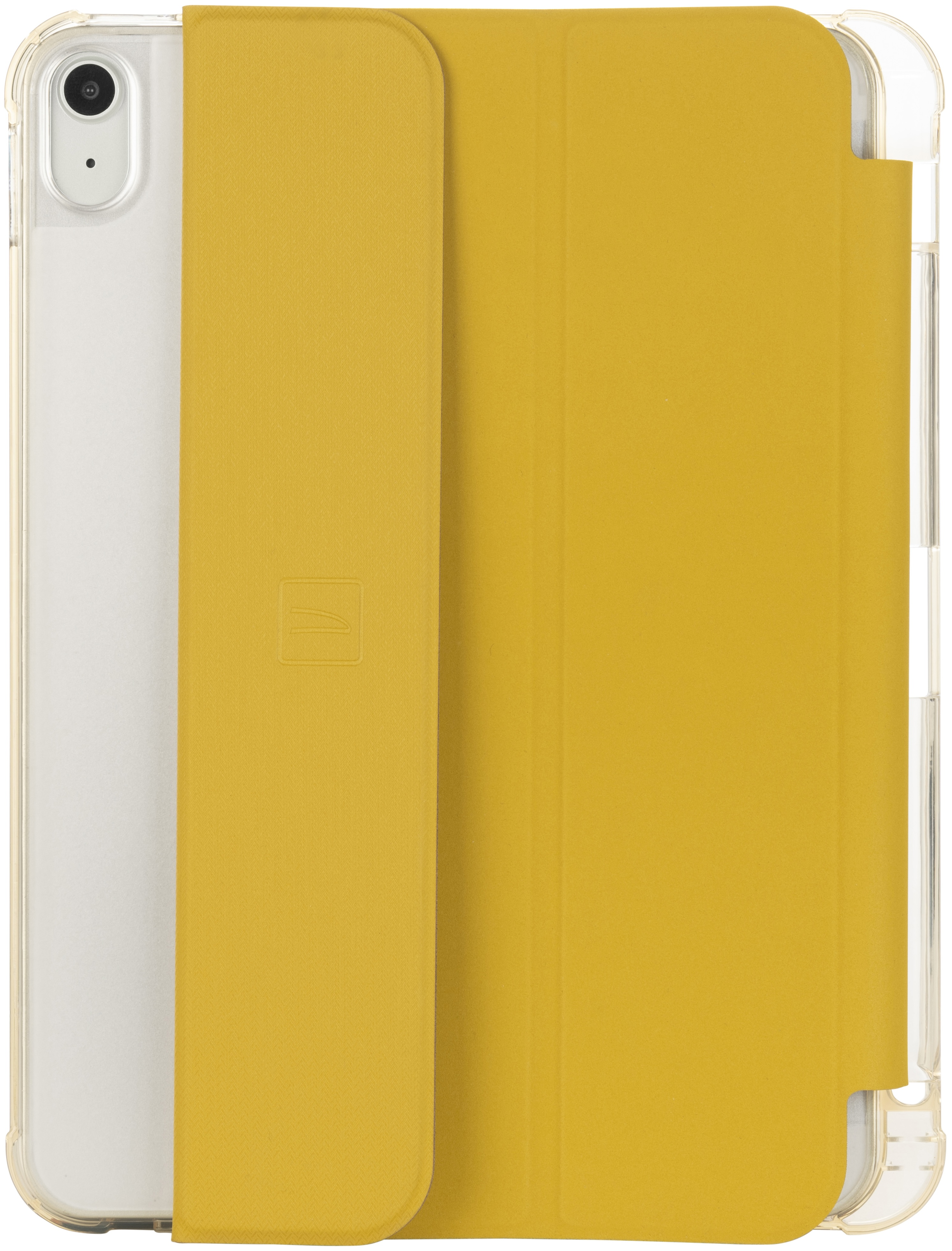 Tablette dans un étui jaune. Tablette blanche visible à gauche. L'étui se replie de droite.