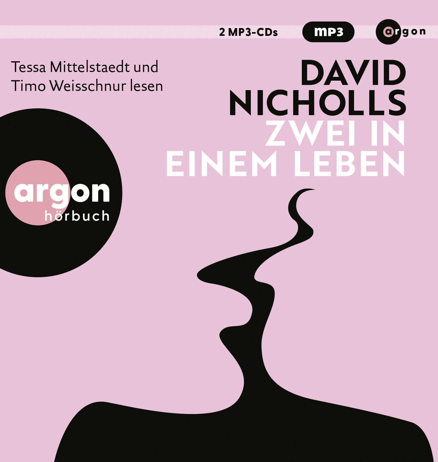 Hörbuchcover mit Silhouette zweier Gesichter und dem Titel 'Zwei in einem Leben'.
