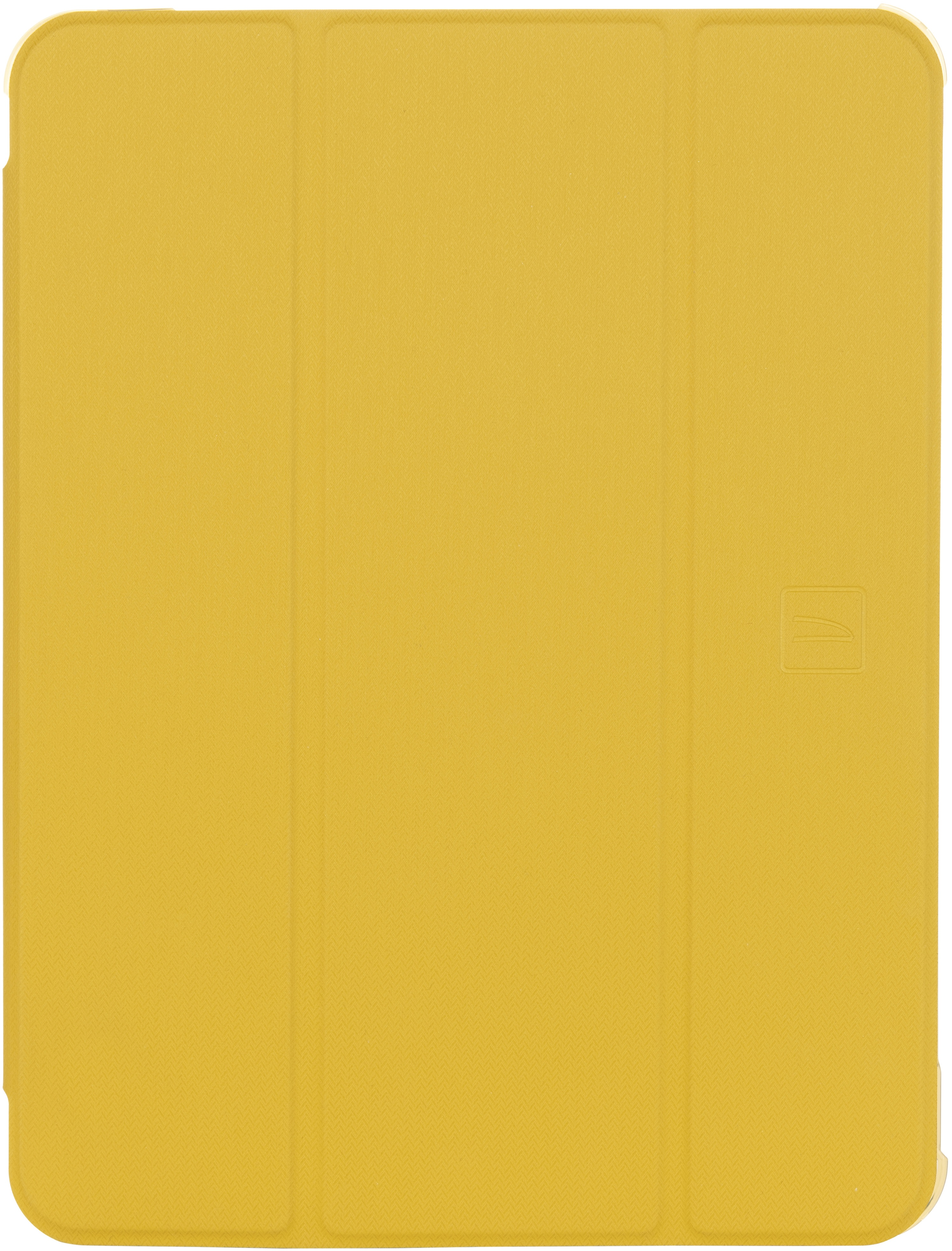 Une housse de tablette jaune, fermée et rectangulaire, avec une texture subtile, sur fond blanc.