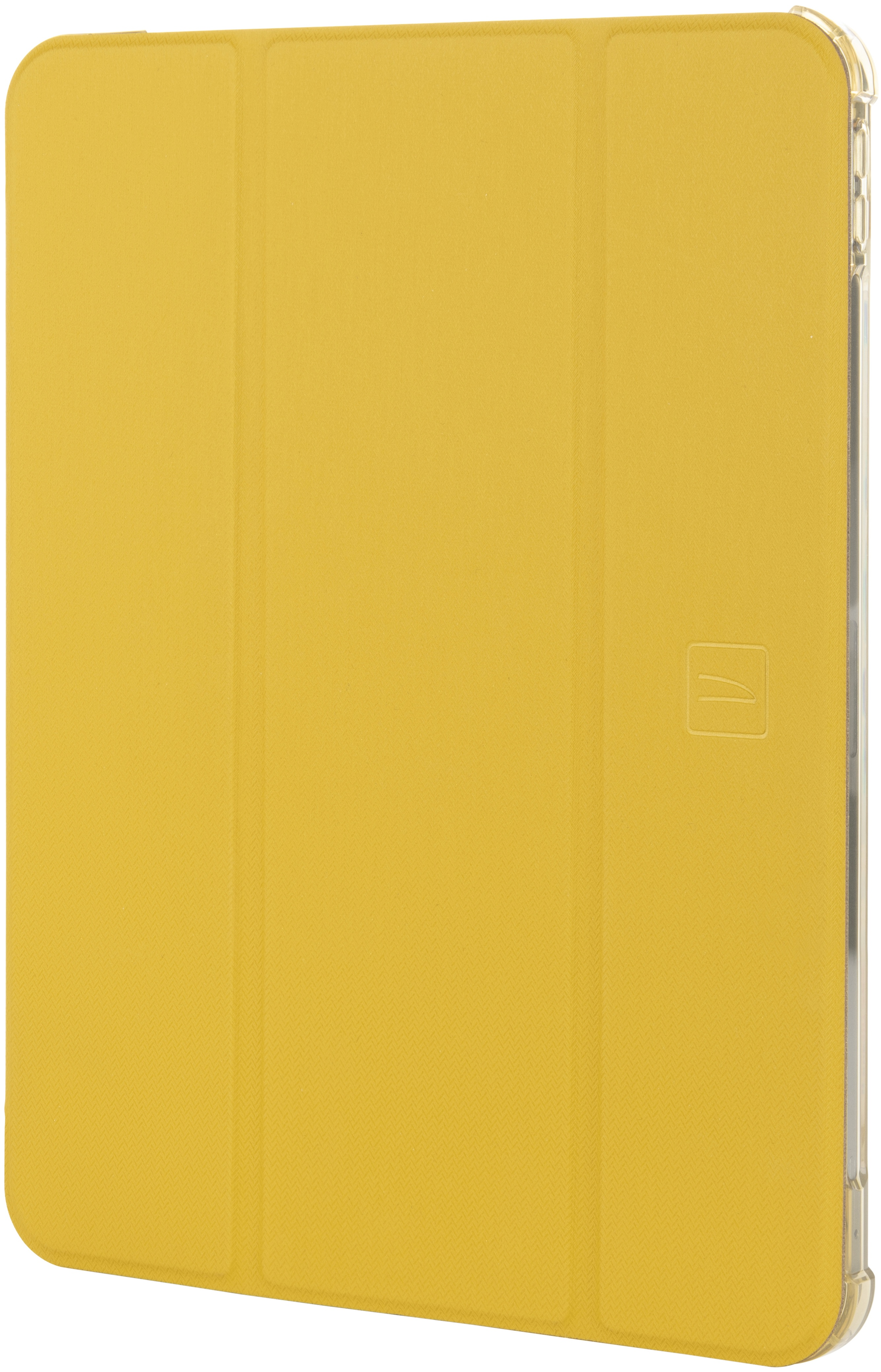 Étui iPad jaune avec un cadre transparent. L'étui est fermé, montrant le couvercle.