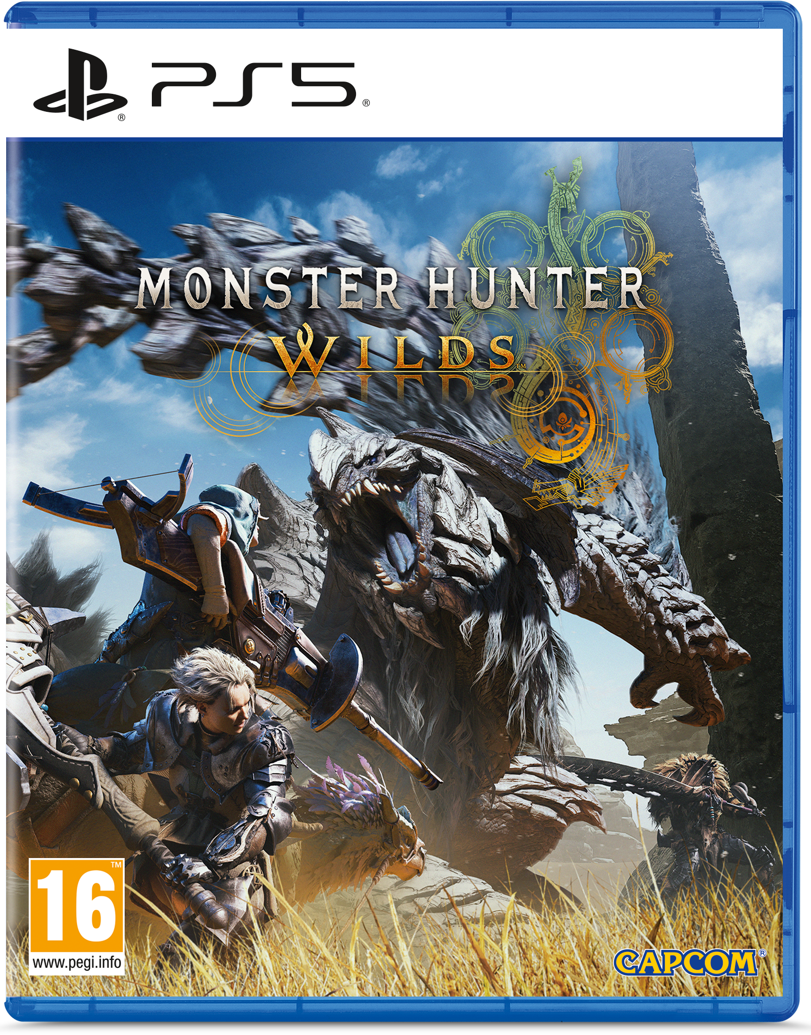 Monster Hunter Wilds PS5 game cover. Een groot monster met jagers op de voorgrond. Blauwe achtergrond.