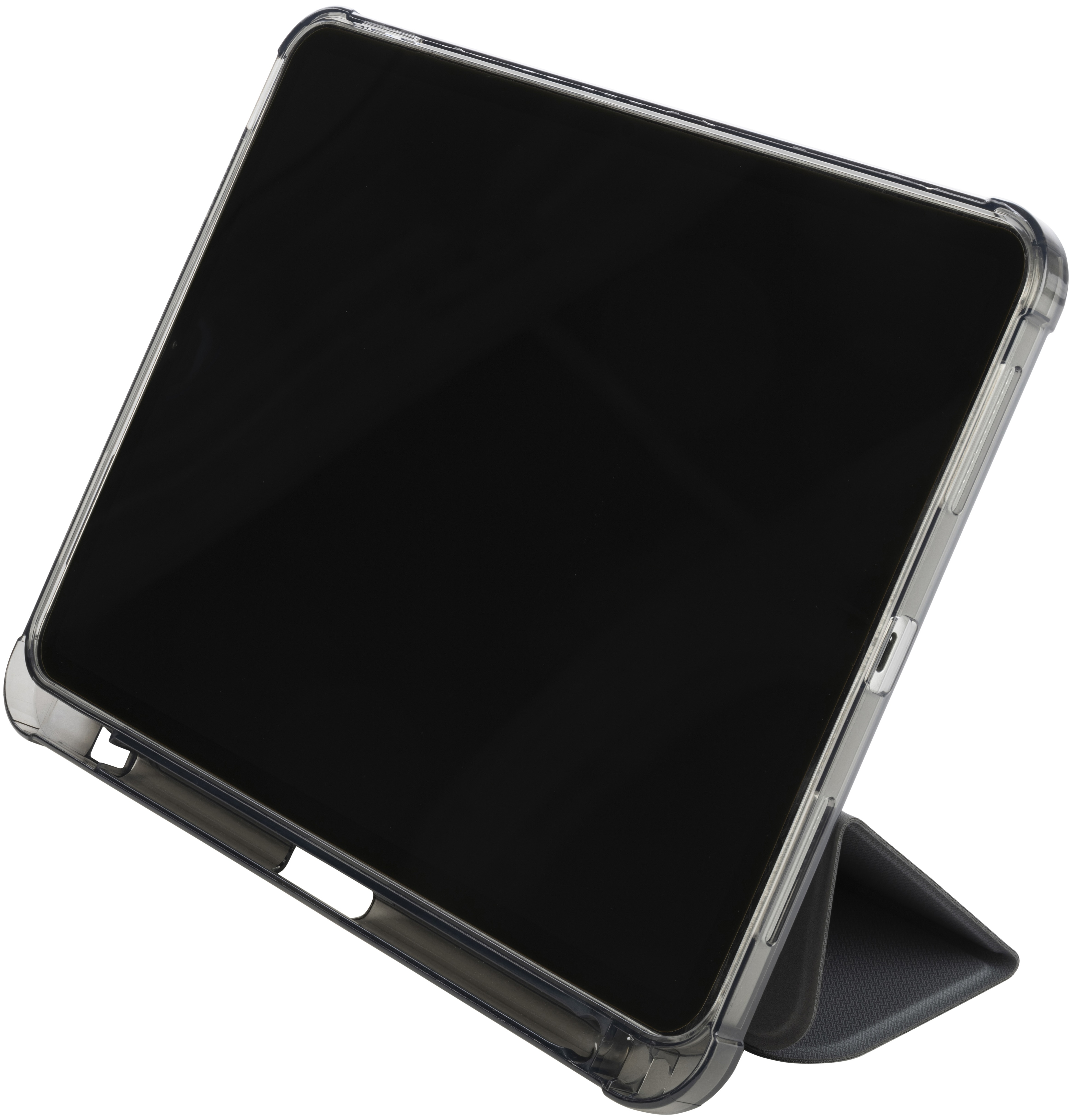 Ein Tablet in einer durchsichtigen Hülle, aufgestellt. Der Bildschirm ist schwarz und angewinkelt.