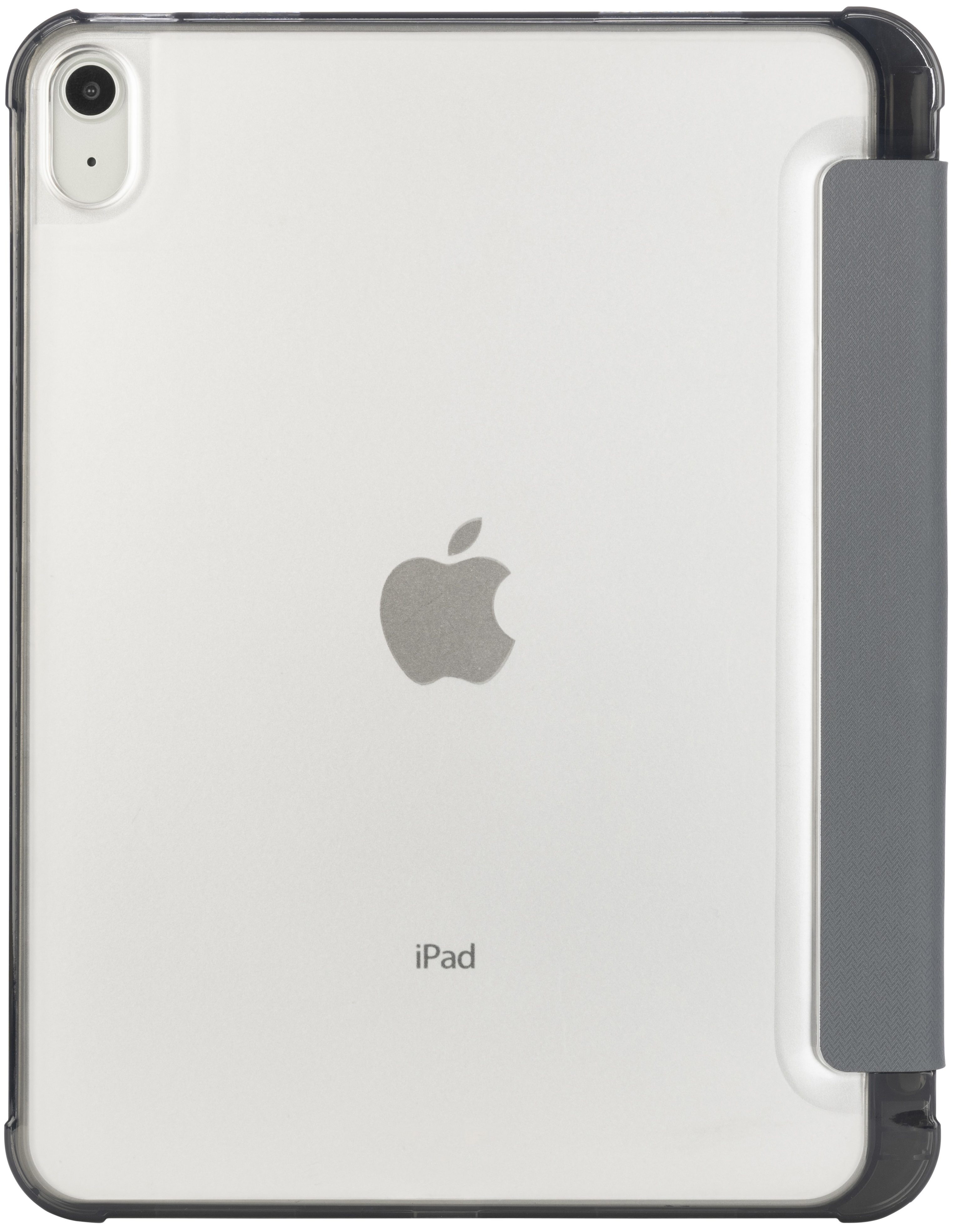 Rückseite eines iPads in einer transparenten Hülle mit angebrachtem magnetischen, grauen Cover.